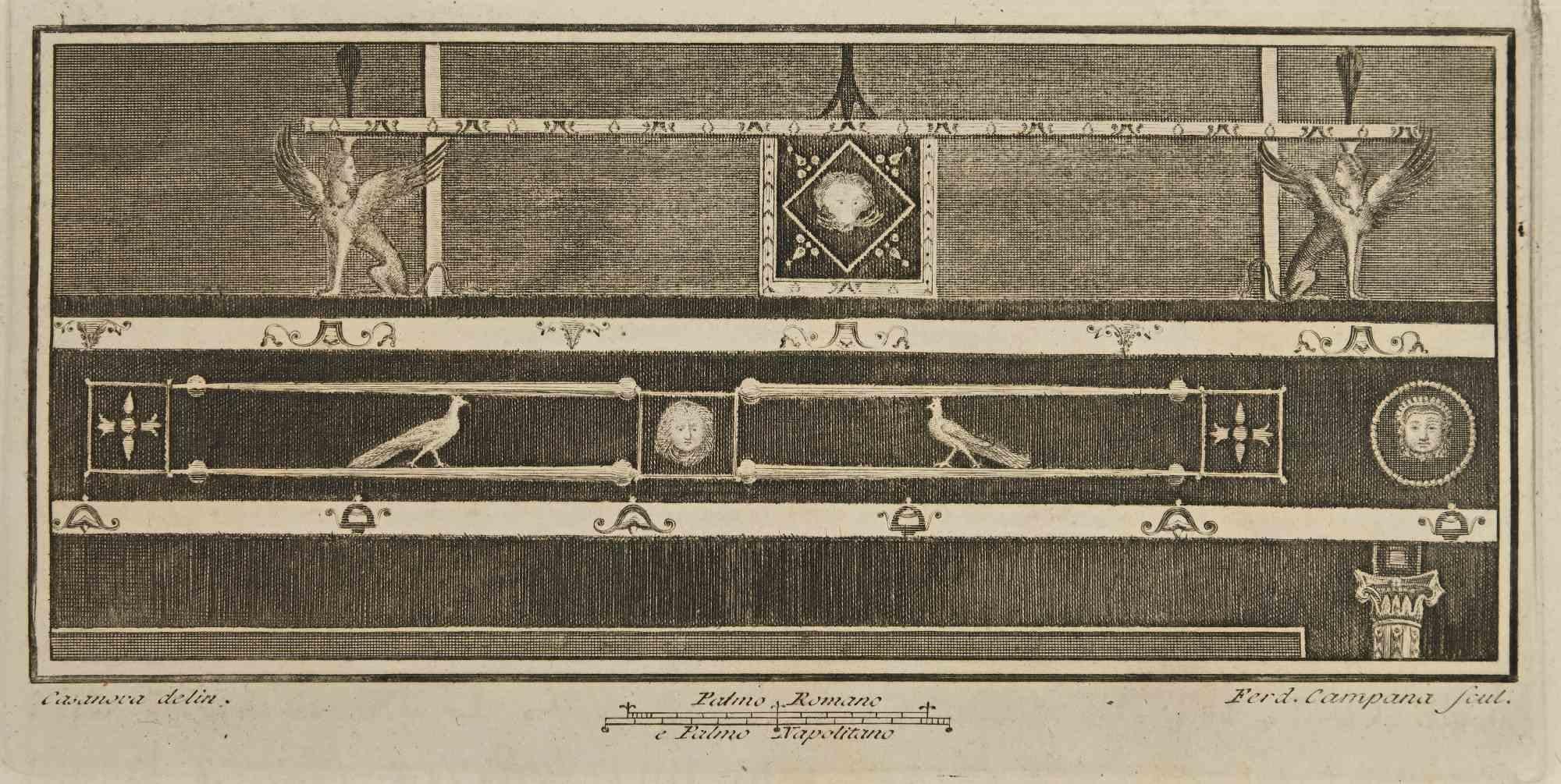 Ferdinando Campana Figurative Print - Ancient Roman Fresco from Herculaneum - Etching F. Campana - 18th Century