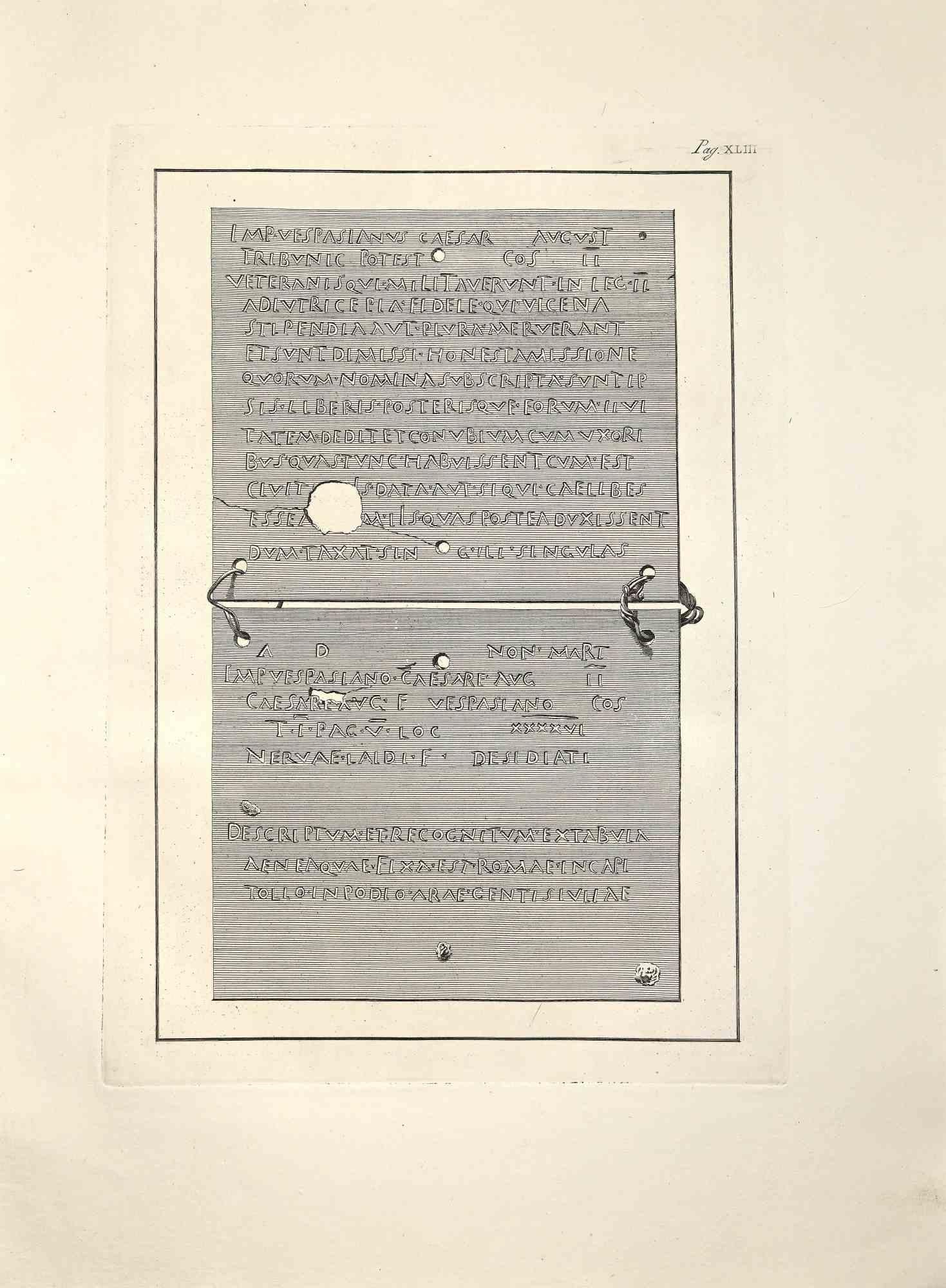 Le antiche iscrizioni romane di Ercolano, dalla serie "Le antichità di Ercolano esposte", è un'acquaforte originale realizzata da Filippo de Grado alla fine del XVIII secolo.

Buone condizioni.

L'incisione appartiene alla suite di stampe