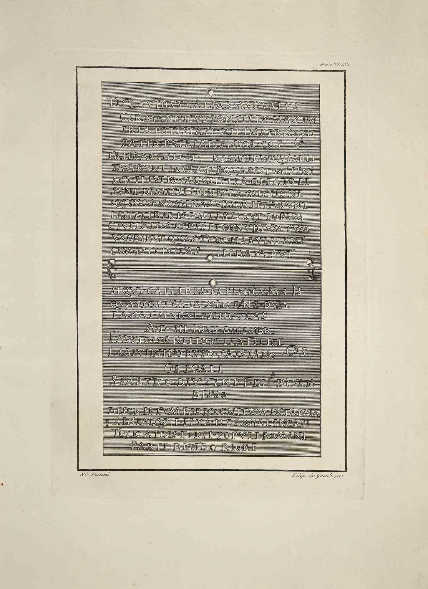 Inscripciones romanas antiguas de  Herculano, de la serie "Antigüedades de Herculano al descubierto", es un aguafuerte original realizado por Filippo de Grado a finales del siglo XVIII.

Firmado en la placa.

Buenas condiciones.

El grabado