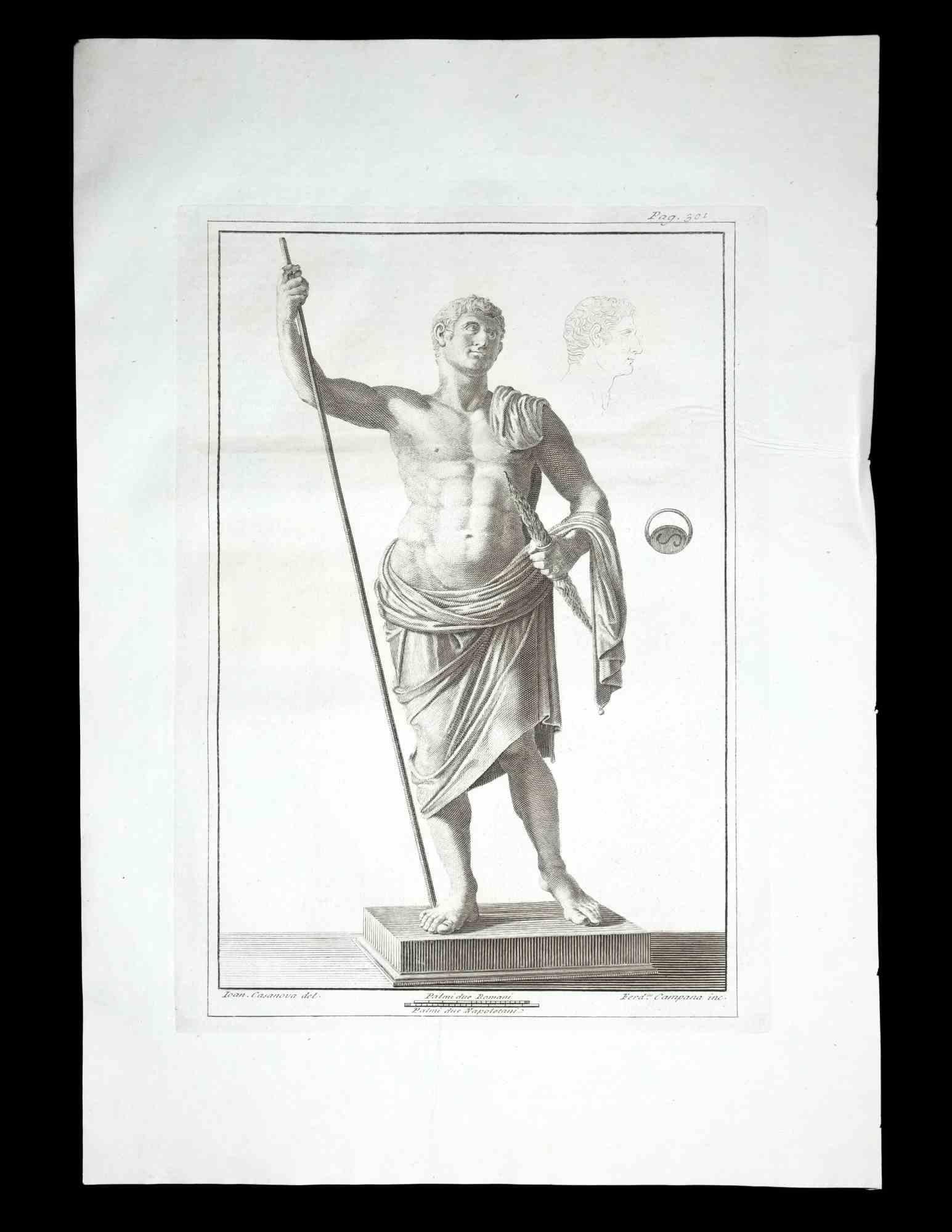 Statue romaine antique, de la série "Antiquités d'Herculanum", est une gravure originale sur papier réalisée par Ferdinando Campana au XVIIIe siècle.

Signé sur la plaque, en bas à droite.

Bon état avec de légers plis.

La gravure appartient à la