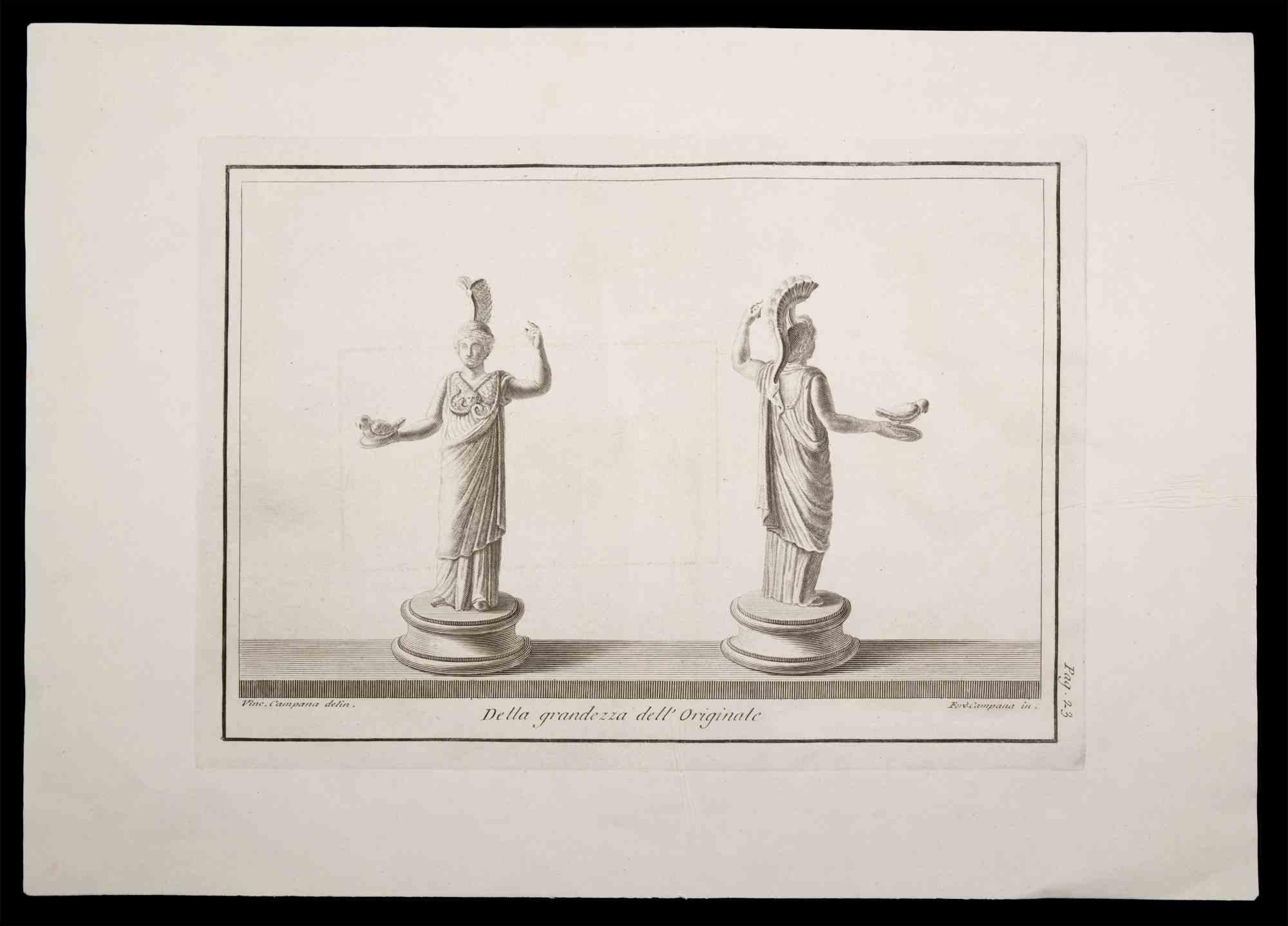 Ancient Roman Statue, from the series "Antiquities of Herculaneum", is an original etching on paper realized by Ferdinando Campana in the 18th century.

Signed on the plate, on the lower right.

Good conditions with some folding.

The etching