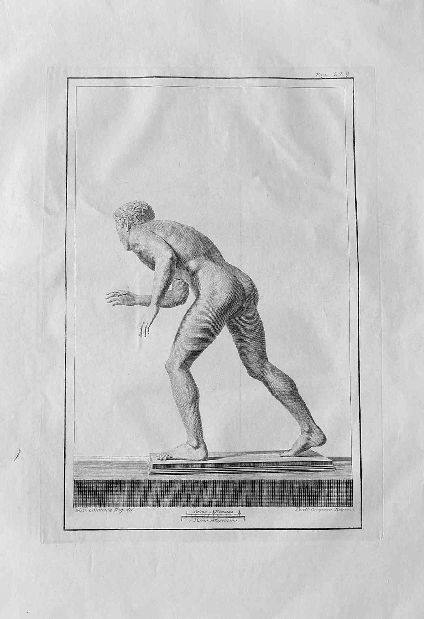 Ancient Roman Statue, from the series "Antiquities of Herculaneum", is an original etching on paper realized by P. Campana in the 18th century.

Signed on the plate, on the lower right.

Good conditions except for some foxings.

The etching belongs