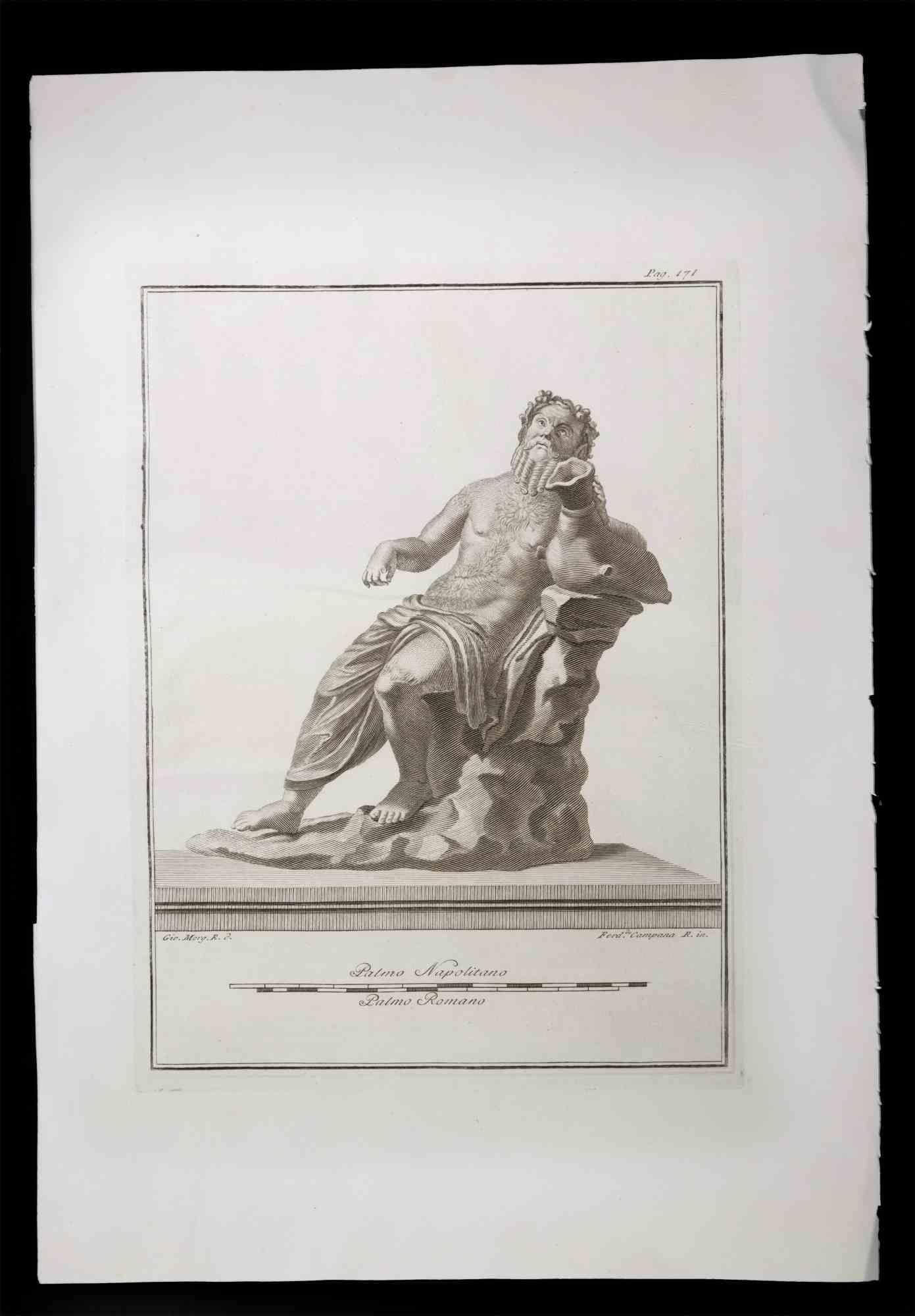Dionysus, Ancient Roman Statue, from the series "Antiquities of Herculaneum", is an original etching on paper realized by Ferdinando Campana in the 18th Century.

Signed on the plate, on the lower right.

Good conditions with slight folding.

The