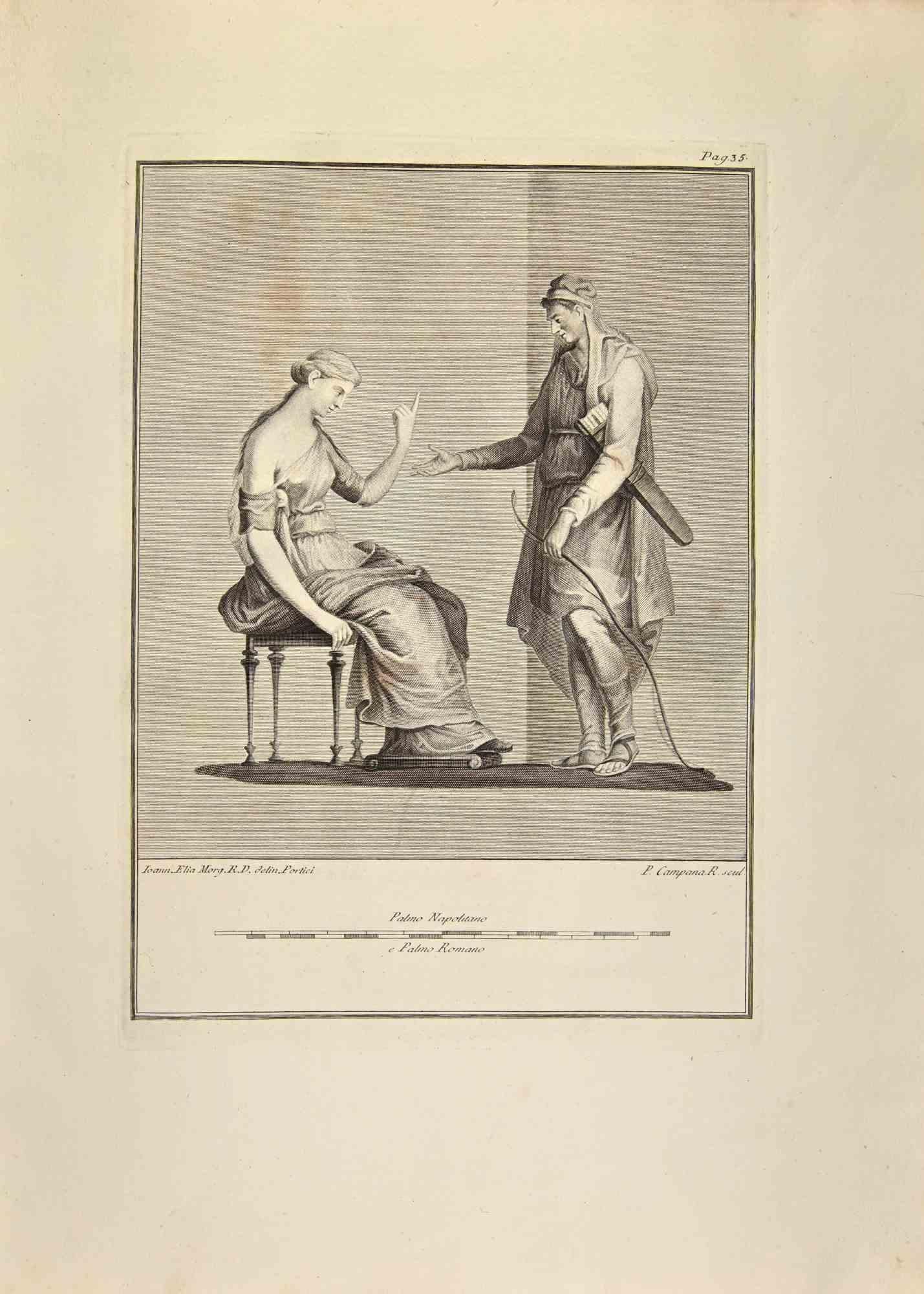 Lady and Archer from "Antiquities of Herculaneum" is an etching on paper realized by Ferdinando Campana in the 18th Century.

Signed on the plate.

Good conditions with folding, due to the time.

The etching belongs to the print suite “Antiquities