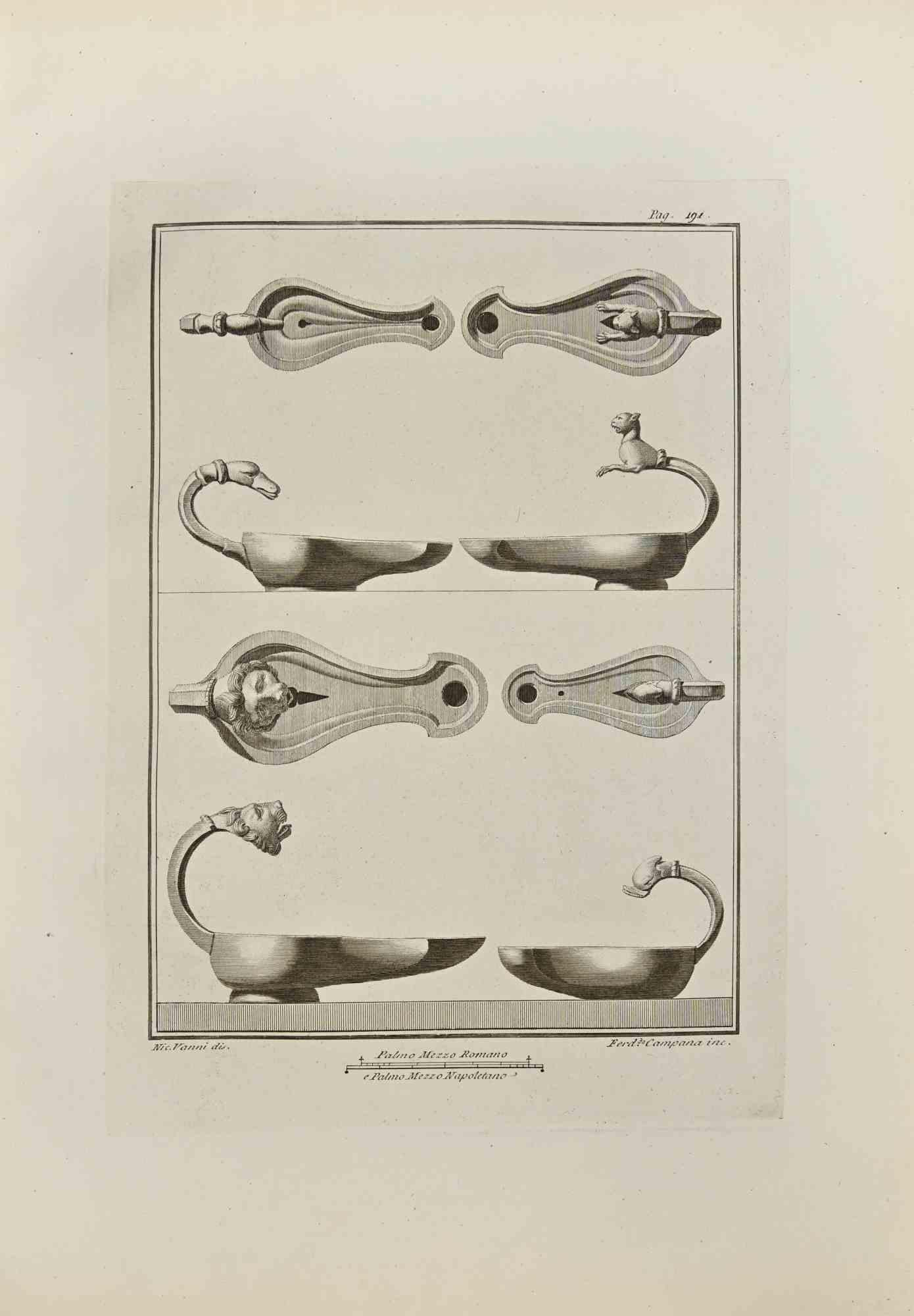 Öllampe mit Tierköpfen aus den "Altertümern von Herculaneum" ist eine Radierung auf Papier von Ferdinando Campana aus dem 18. Jahrhundert.

Signiert auf der Platte.

Guter Zustand und gealtert mit einigen Faltungen.

Die Radierung gehört zu der