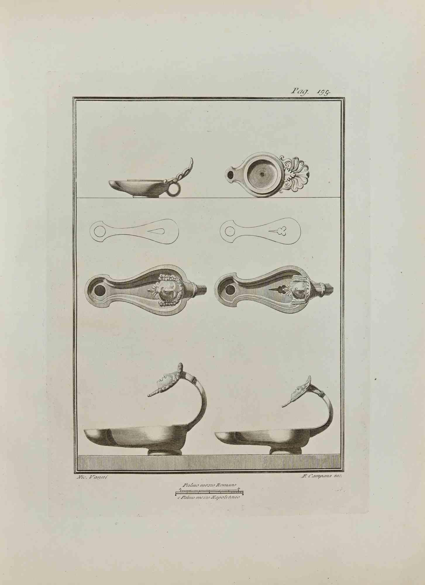 Öllampe mit Frauenkopf aus den "Altertümern von Herculaneum" ist eine Radierung auf Papier von Ferdinando Campana aus dem 18. Jahrhundert.

Signiert auf der Platte.

Guter Zustand mit einigen Faltungen.

Die Radierung gehört zu der Druckserie