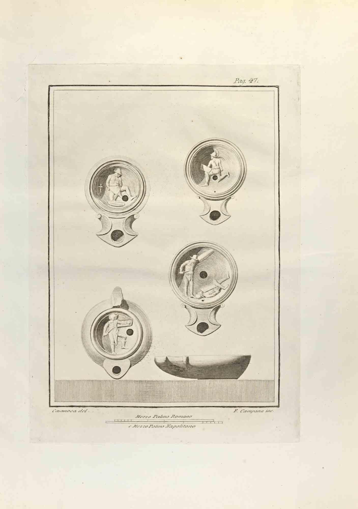 Oil Lamps With Fighting Soldiers from "Antiquities of Herculaneum" is an etching on paper realized by Ferdinando Campana in the 18th Century.

Signed on the plate.

Good conditions.

The etching belongs to the print suite “Antiquities of Herculaneum