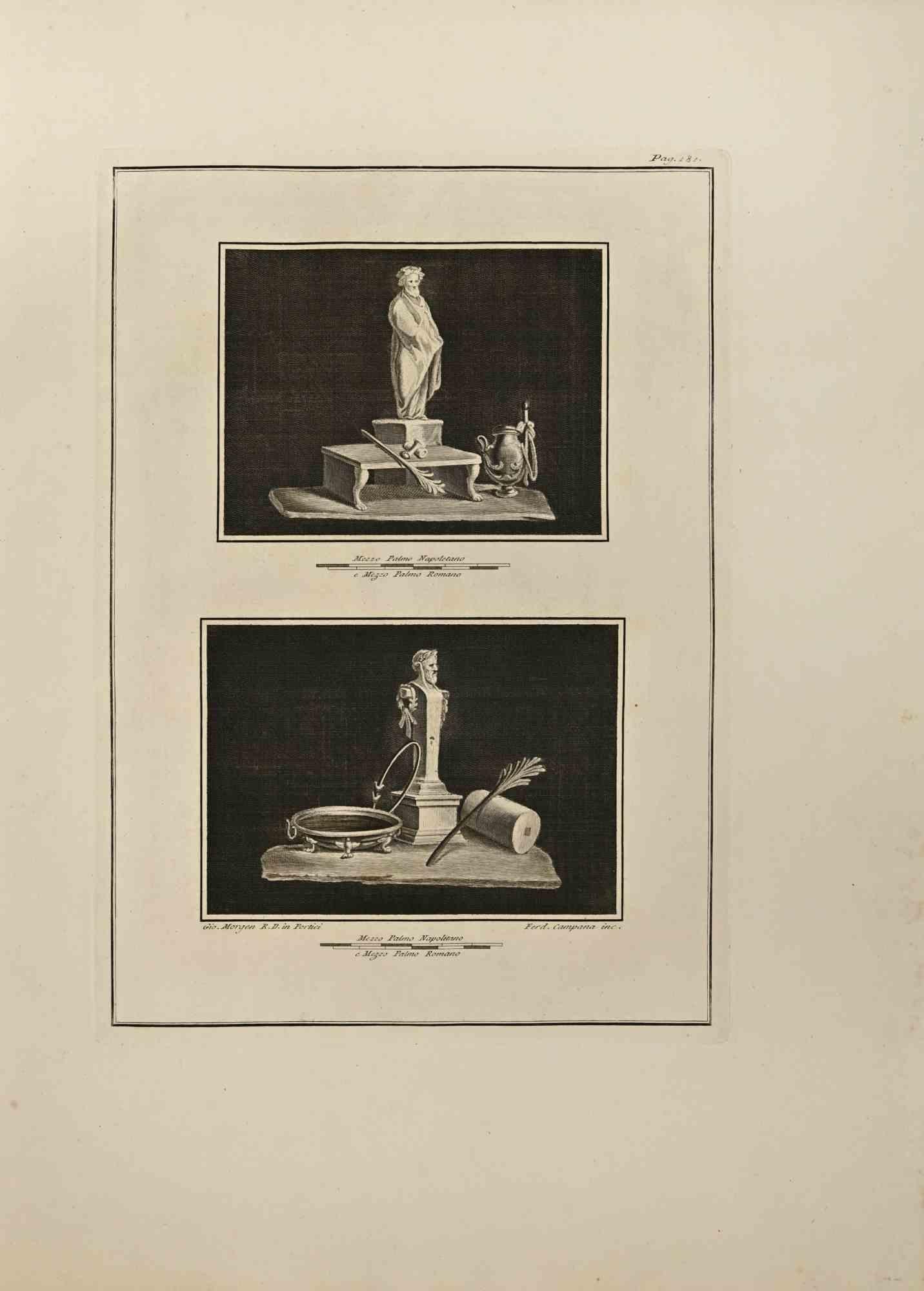 Pompejanische Objekte mit Gottheit aus den "Altertümern von Herculaneum" ist eine Radierung auf Papier von Ferdinando Campana aus dem 18. Jahrhundert.

Signiert auf der Platte.

Guter Zustand und gealtert mit einigen Faltungen.

Die Radierung gehört
