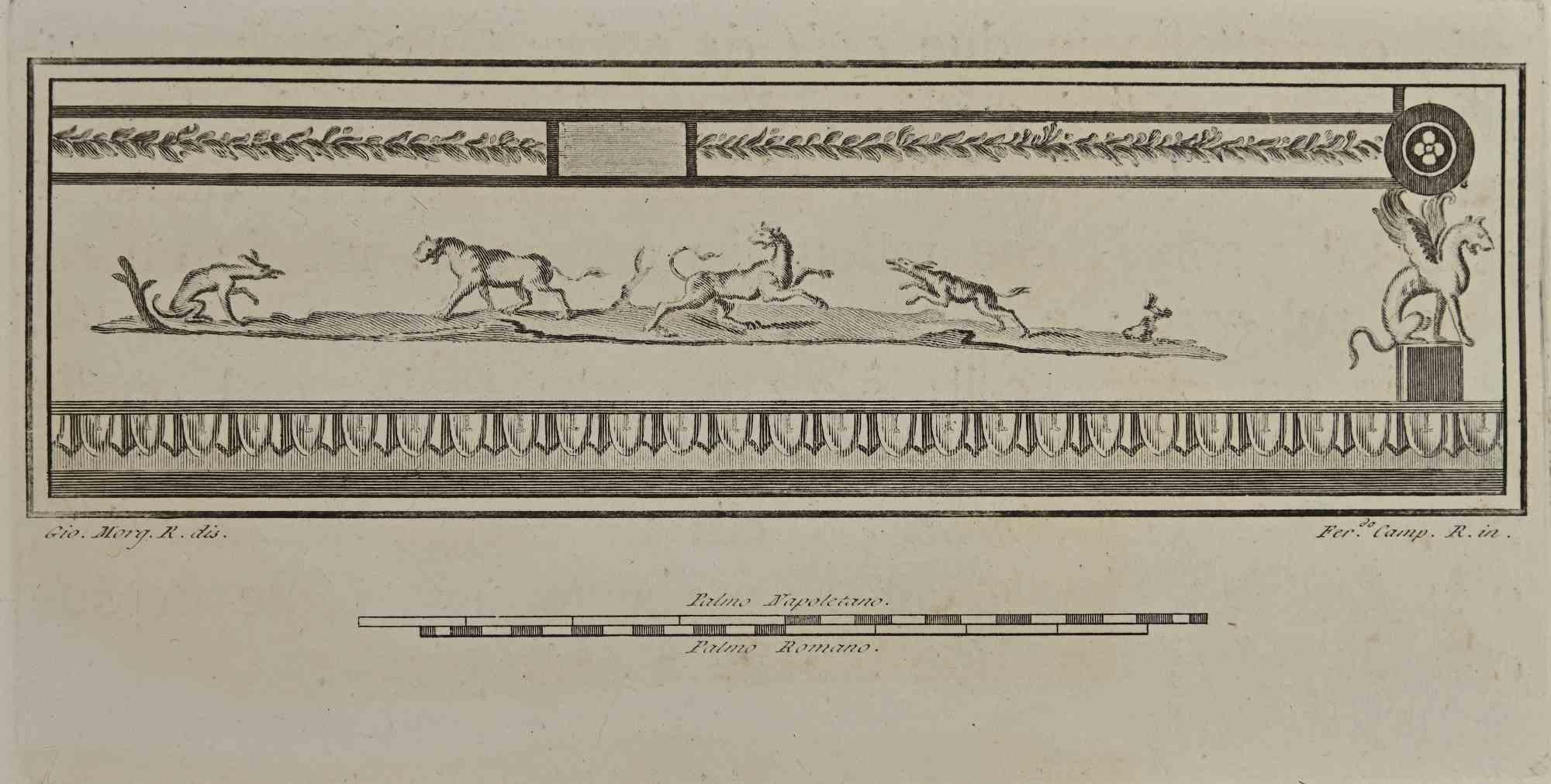 Römisches Fresko mit mythologischen Tieren aus den "Altertümern von Herculaneum" ist eine Radierung auf Papier von Ferdinando Campana aus dem 18. Jahrhundert.

Signiert auf der Platte.

Gute Bedingungen.

Die Radierung gehört zu der Druckserie