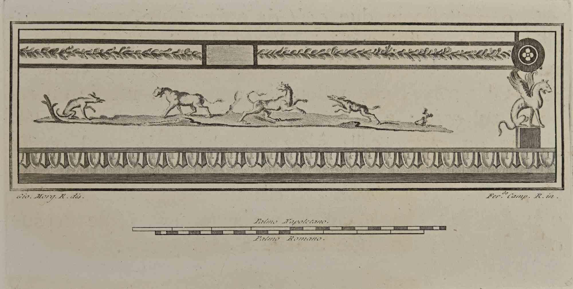 Roman Fresco With Mythological Animals from "Antiquities of Herculaneum" is an etching on paper realized by Ferdinando Campana in the 18th Century.

Signed on the plate.

Good conditions.

The etching belongs to the print suite “Antiquities of