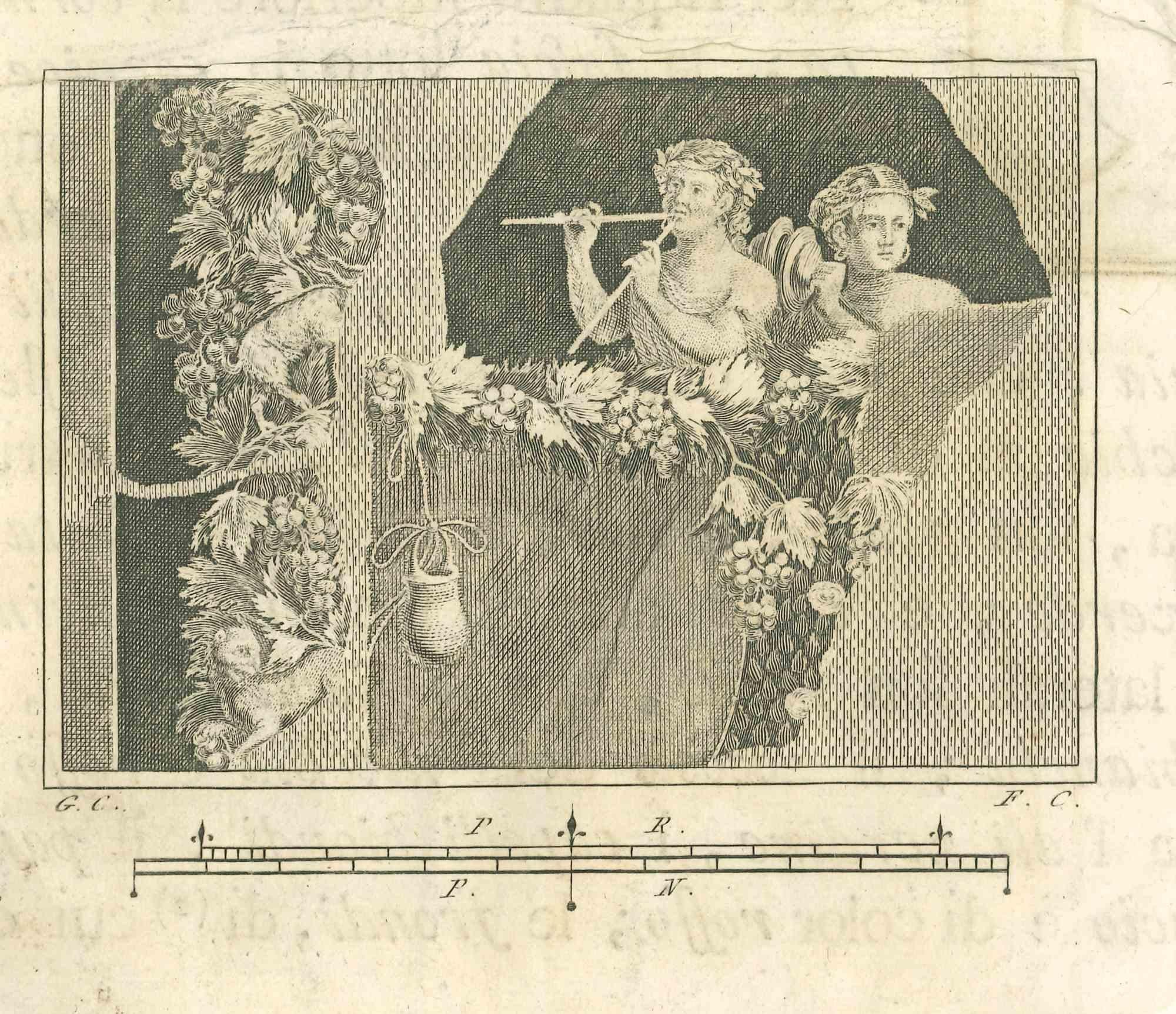 Figurative Print Ferdinando Campana - Fresco romain avec animaux mythologiques - eau-forte de F. Campana - 18ème siècle