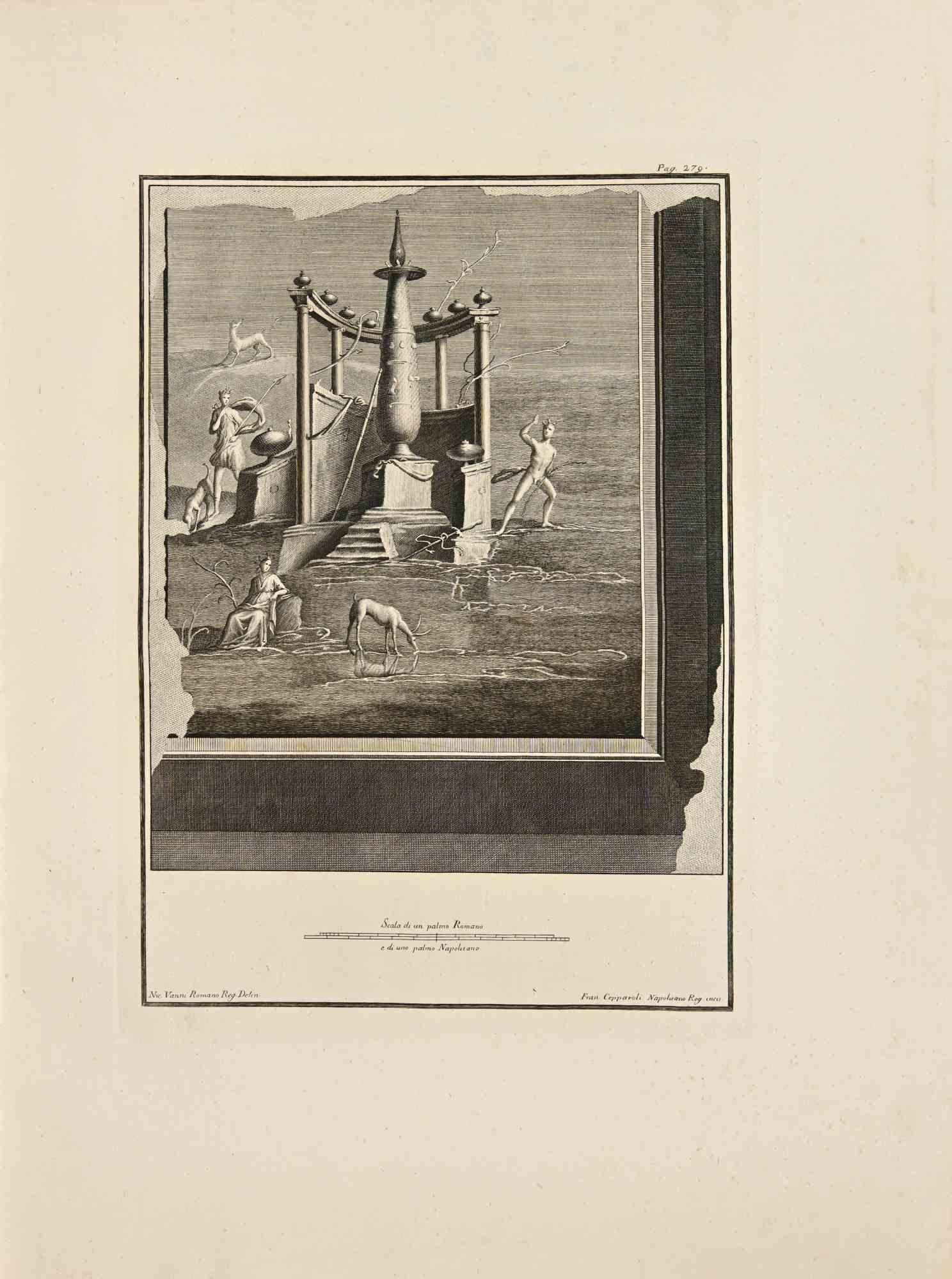 Römischer Tempel im Wind aus den "Altertümern von Herculaneum" ist eine Radierung auf Papier von Ferdinando Campana aus dem 18. Jahrhundert.

Signiert auf der Platte.

Guter Zustand und gealtert mit einigen Faltungen.

Die Radierung gehört zu der