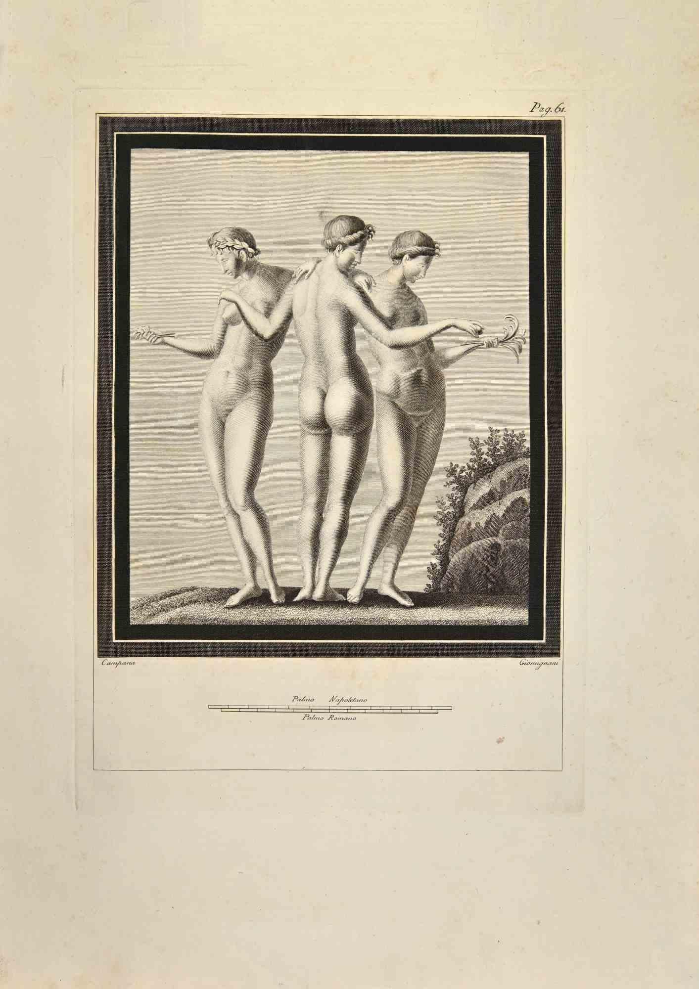 The Three Graces from "Antiquities of Herculaneum" is an etching on paper realized by Ferdinando Campana in the 18th Century.

Signed on the plate.

Good conditions with foxing, due to the time

The etching belongs to the print suite “Antiquities of