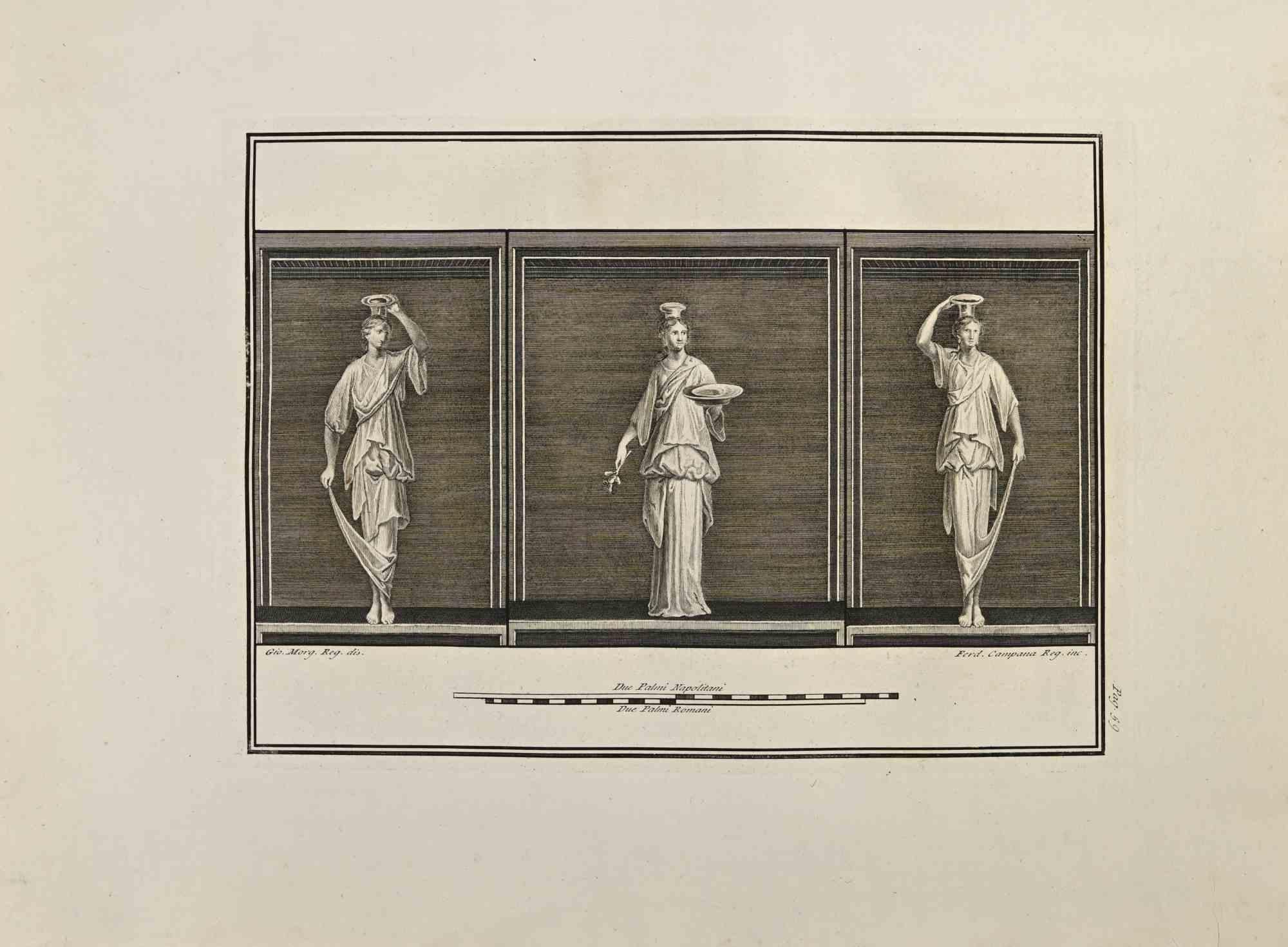 Die Göttin Vesta aus den "Altertümern von Herculaneum" ist eine Radierung auf Papier von Ferdinando Campana aus dem 18. Jahrhundert.

Signiert auf der Platte.

Guter Zustand mit einigen Stockflecken und Falten aufgrund der Zeit.

Die Radierung