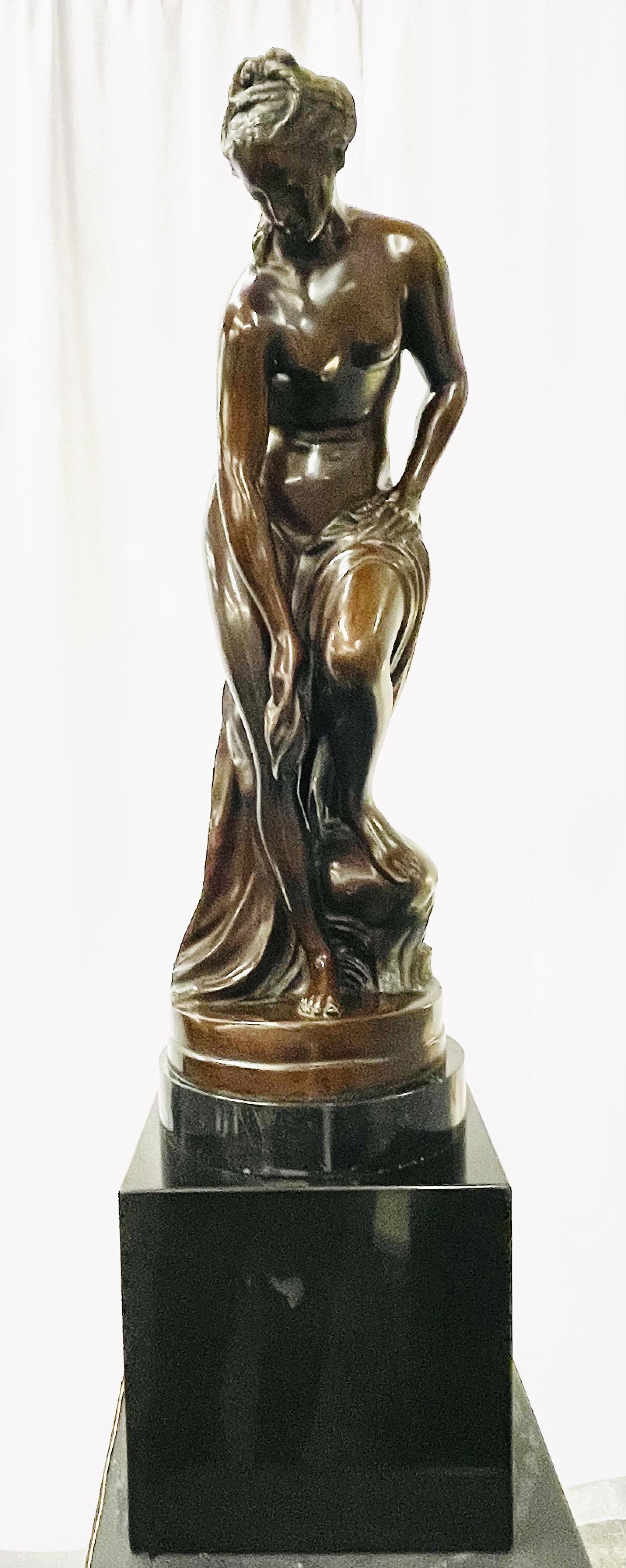 After Ferdinando de Luca (1785 - 1869) sculpture of a large and impressive nude on a marble base. Bare breasted with her robed draped over one arm. A stunning example of this artist work.

Statue: 31 in. height x 10 in. diameter
Base: 12 in.
