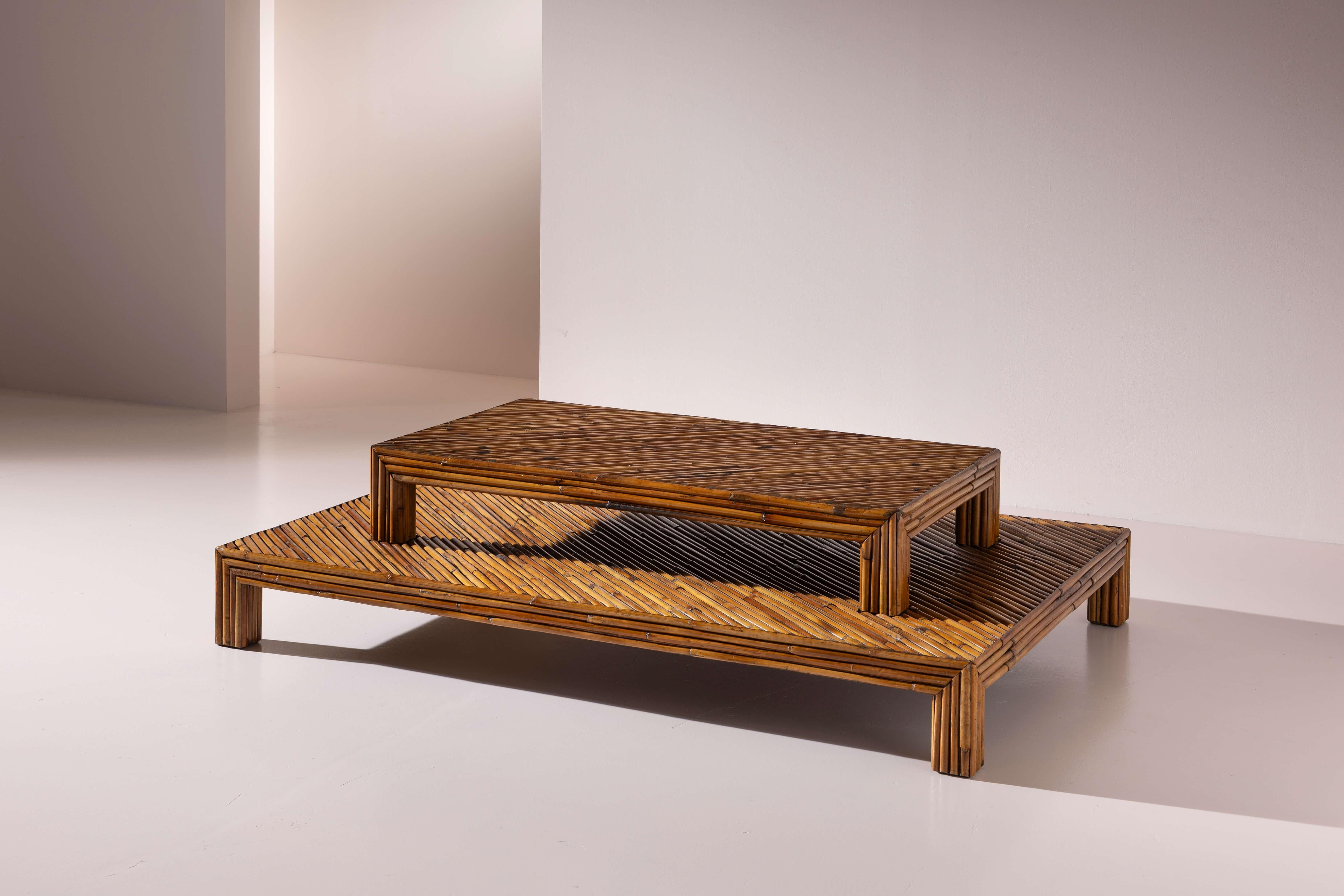 This pair of low tables, designed and produced by Ferdinando Loffredo in the 1960s, embodies the quiet elegance and natural warmth that define Italian design of that era. The two pieces can be used separately or placed one over the other, creating a