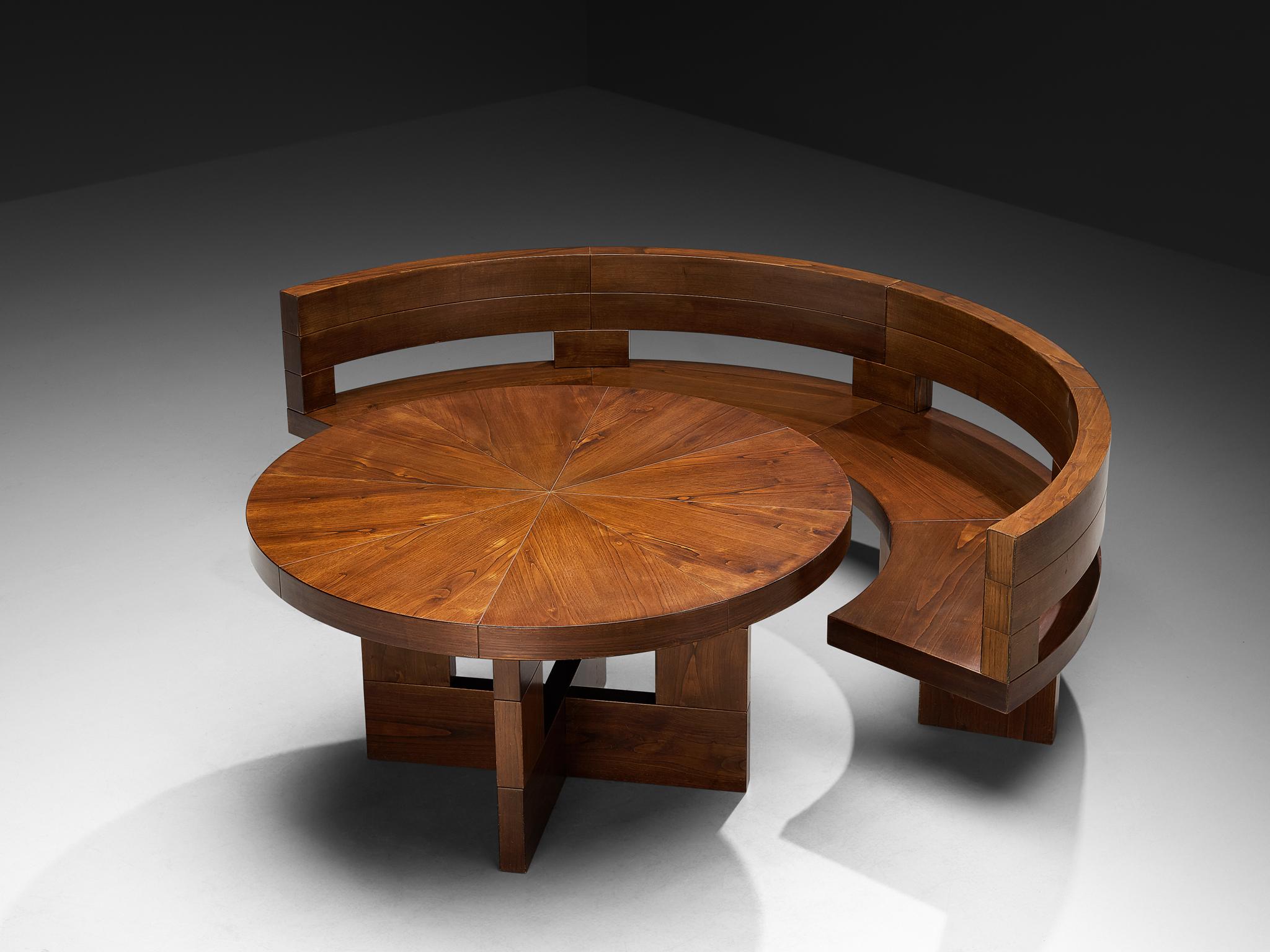 Ferdinando Meccani for Meccani Design, 'Gruppo Circolare' table and bench, ash, Italy, 1960s/1970s

This exquisite and rare 'Circolare' dining set, created by the multidisciplinary artist Ferdinando Meccani (1937–2018), exemplifies the aesthetic