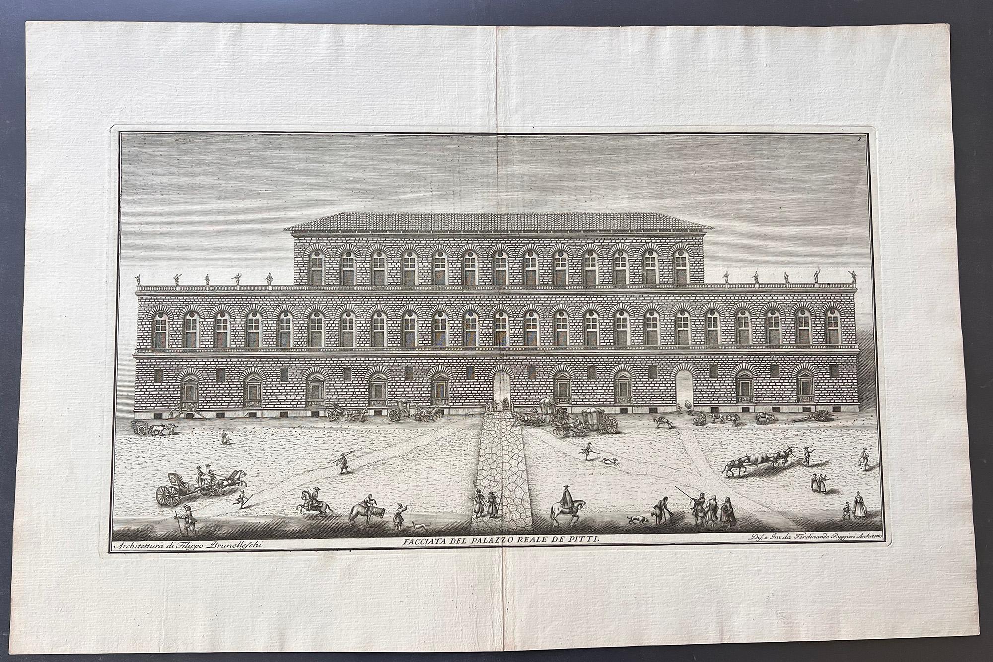 Palacio Pitti, Florencia, Italia. Grabado de vista arquitectónica del siglo XVIII - Print de Ferdinando Ruggieri