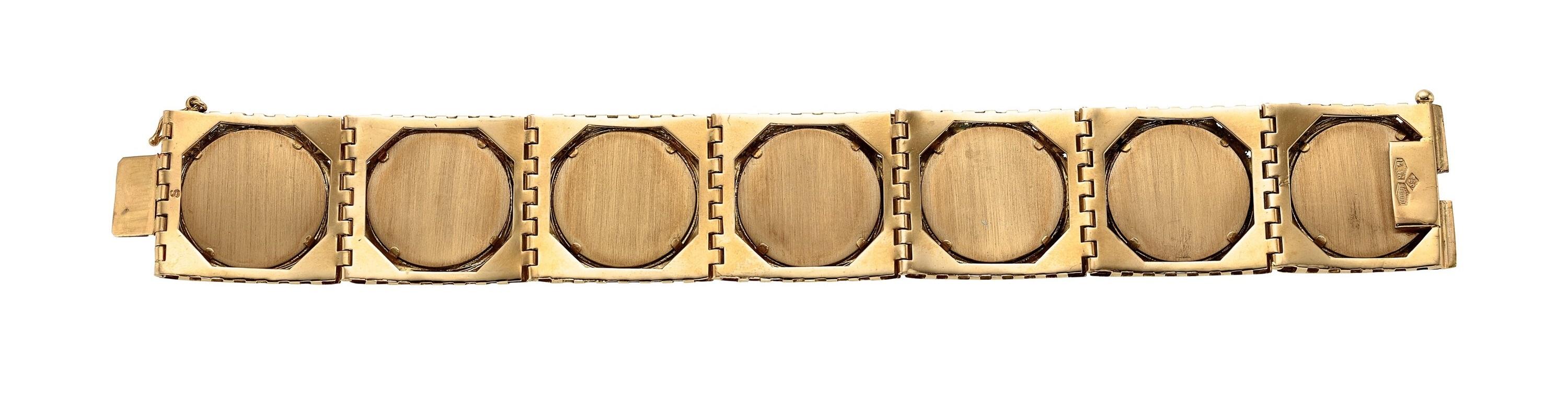 Gorgeous, Unique 18k Yellow Gold Panel Bracelet by Ferdinando Trainotti
Features Hand-Painted Porcelain Portrait Panels with Diamond, Ruby, and Emerald Accents
Length of Bracelet = 8
