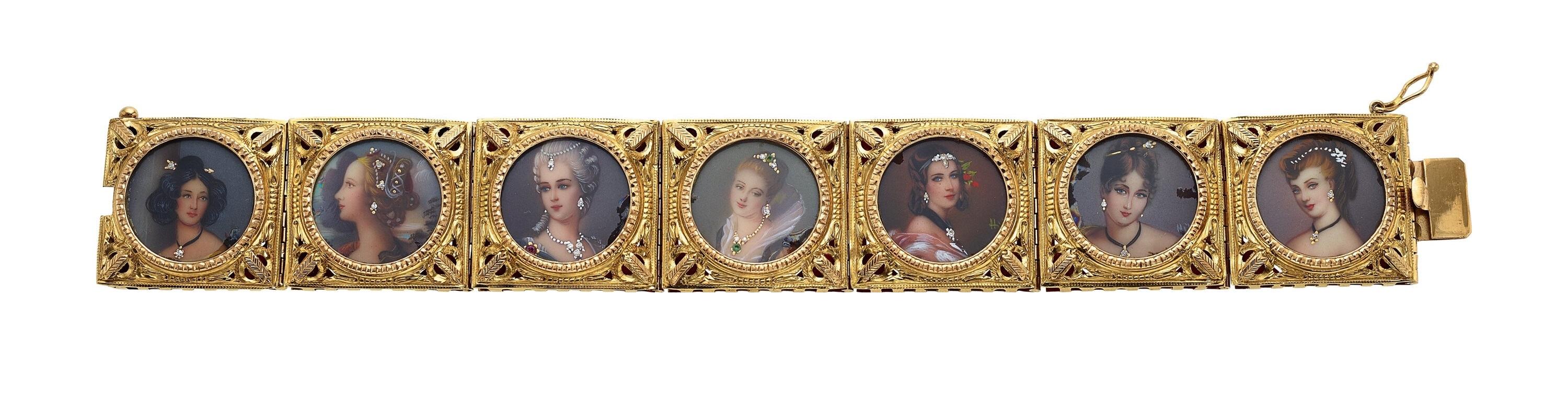 Modern Ferdinando Trainotti 18k Yellow Gold Hand-Painted Porcelain Portrait Bracelet 8