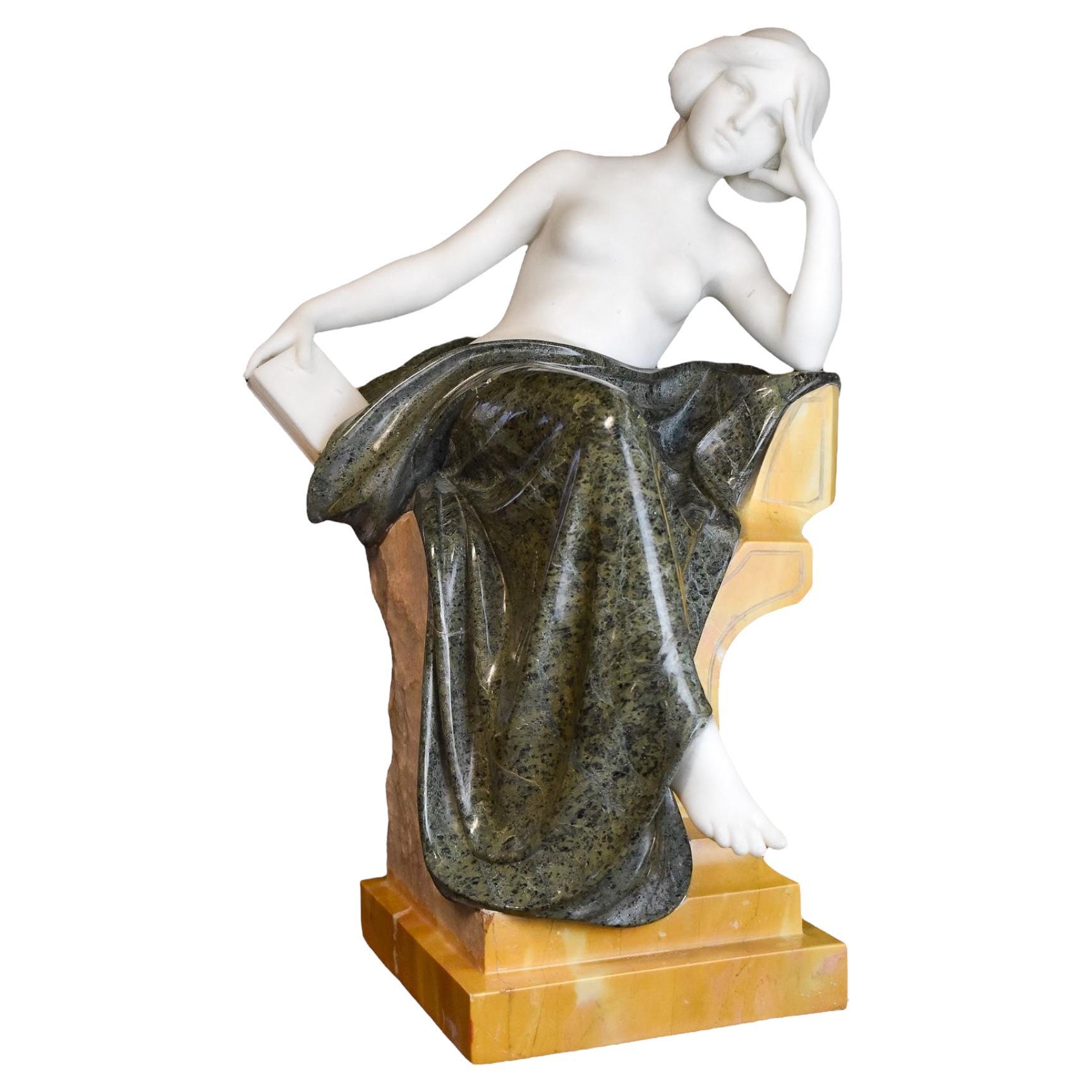 Ferdinando Vichi Attributed Marble Sculpture of Seated Maiden