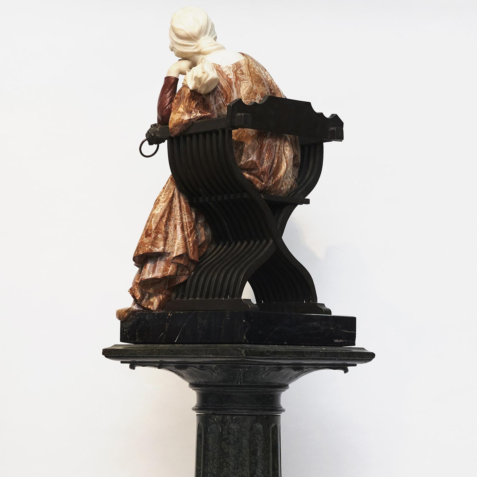 Bronze Ferdinando Vichi Marble Sculpture Sitting Woman On Pedestal For Sale