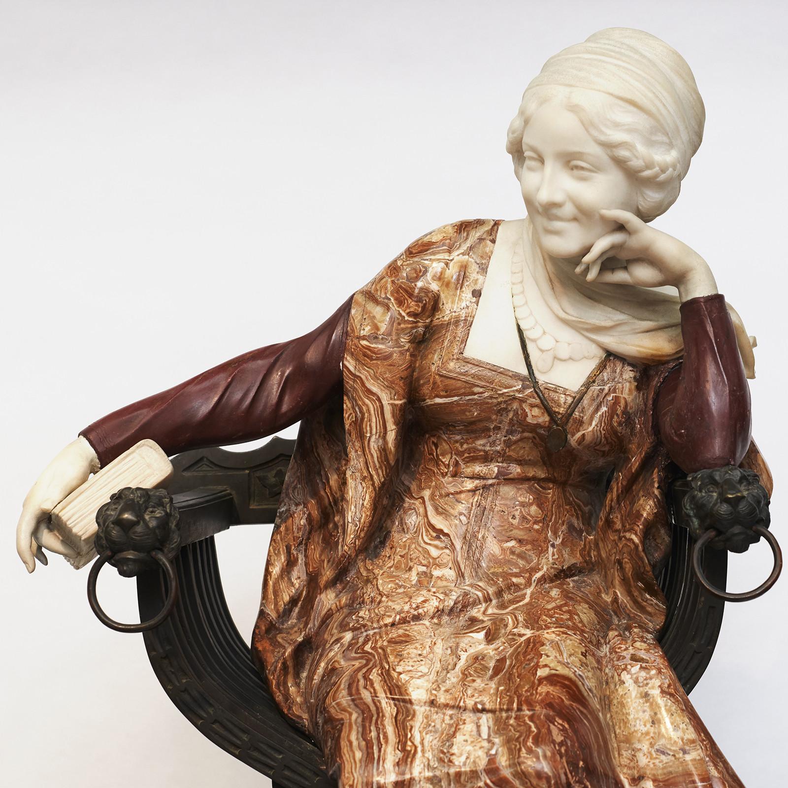 Renaissance Ferdinando Vichi Marble Sculpture Sitting Woman On Pedestal For Sale