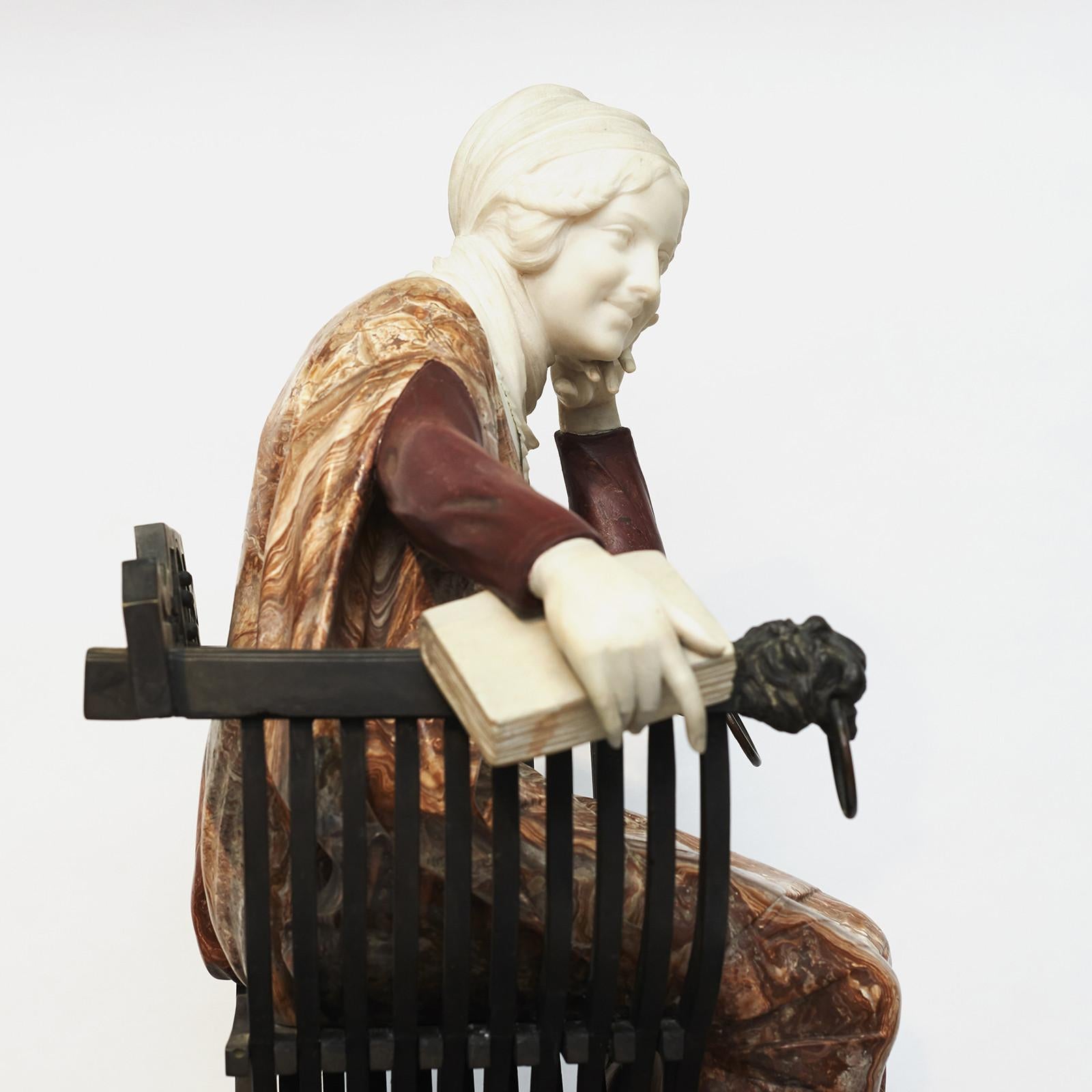 Italian Ferdinando Vichi Marble Sculpture Sitting Woman On Pedestal For Sale