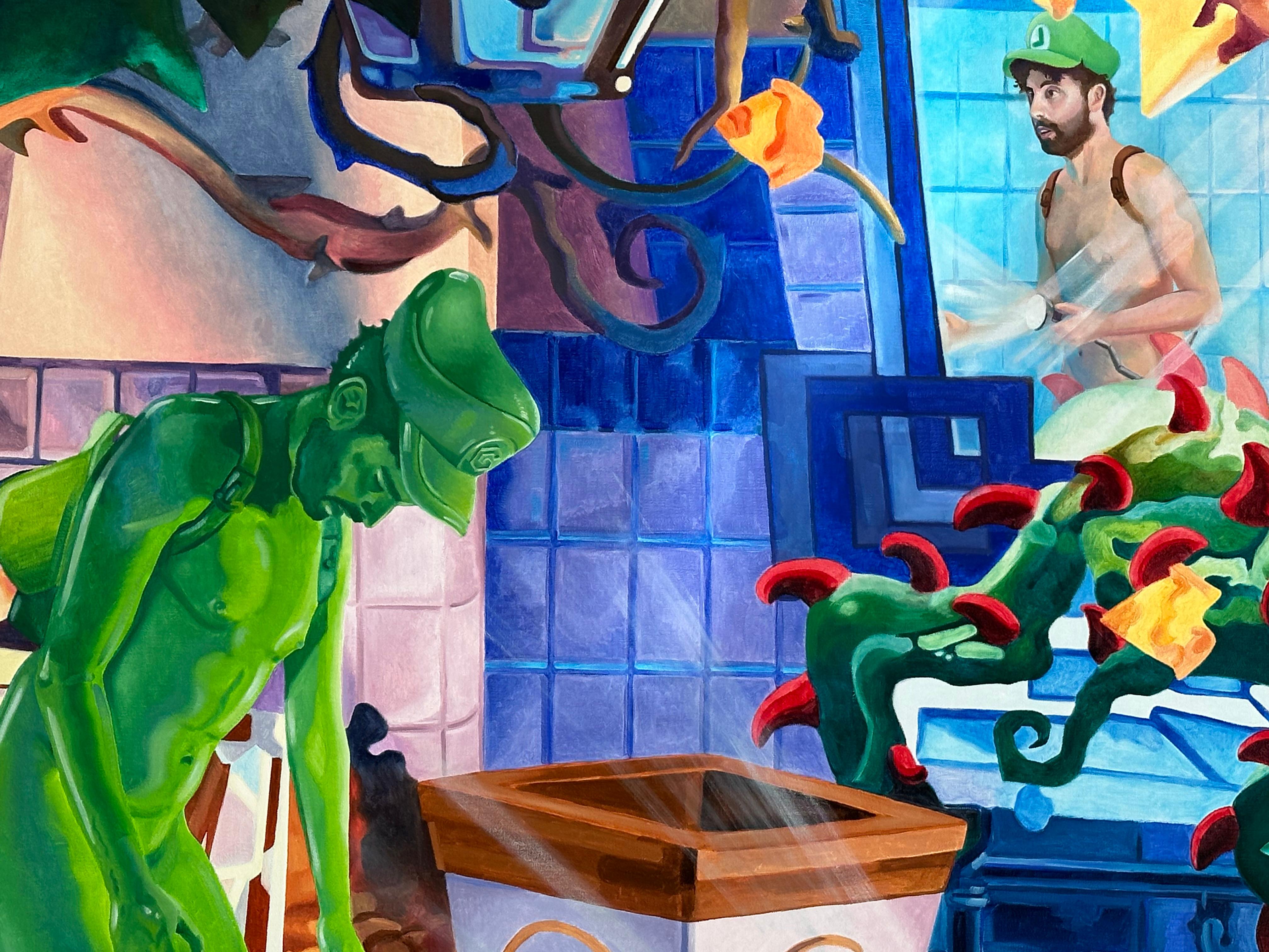 Scena d'albergo con fantasma - Pittura contemporanea del 21° secolo di un gioco con nudo - Painting Contemporaneo di Ferenc Erdok