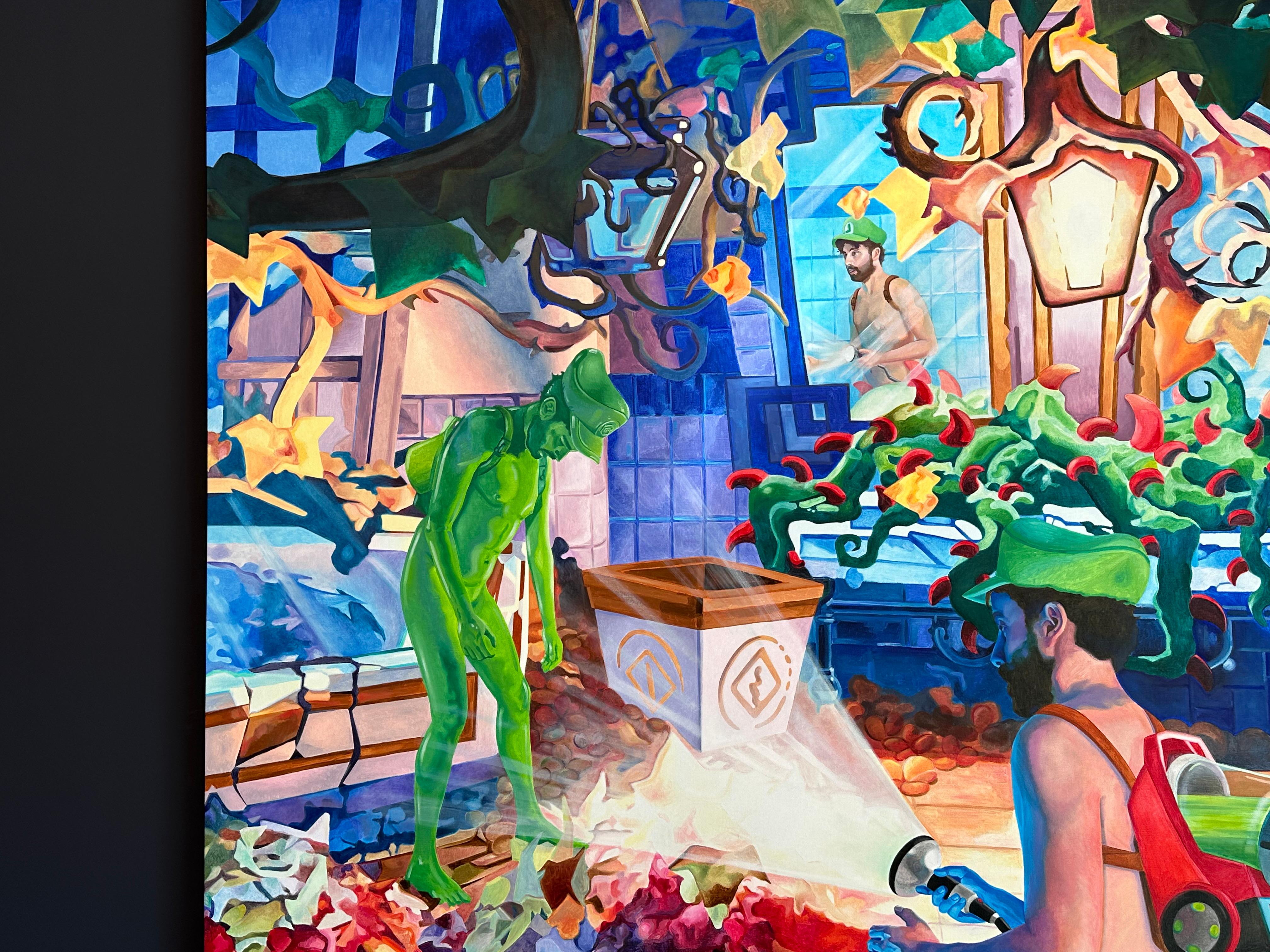 Scena d'albergo con fantasma - Pittura contemporanea del 21° secolo di un gioco con nudo - Figurative Painting Viola di Ferenc Erdok