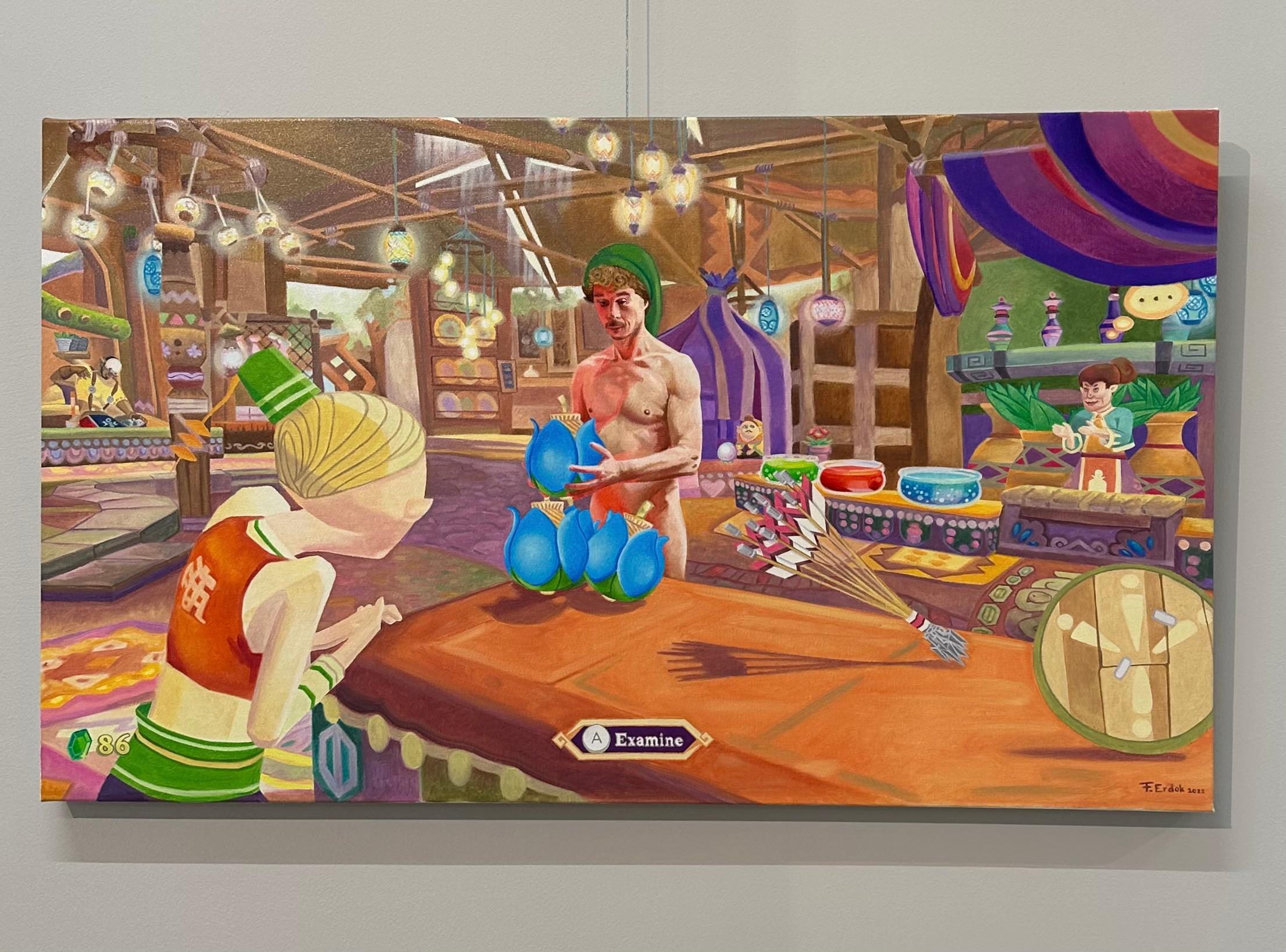Presse A- 21st Century Contemporary Gemälde eines Computerspiels mit Aktmodell – Painting von Ferenc Erdok