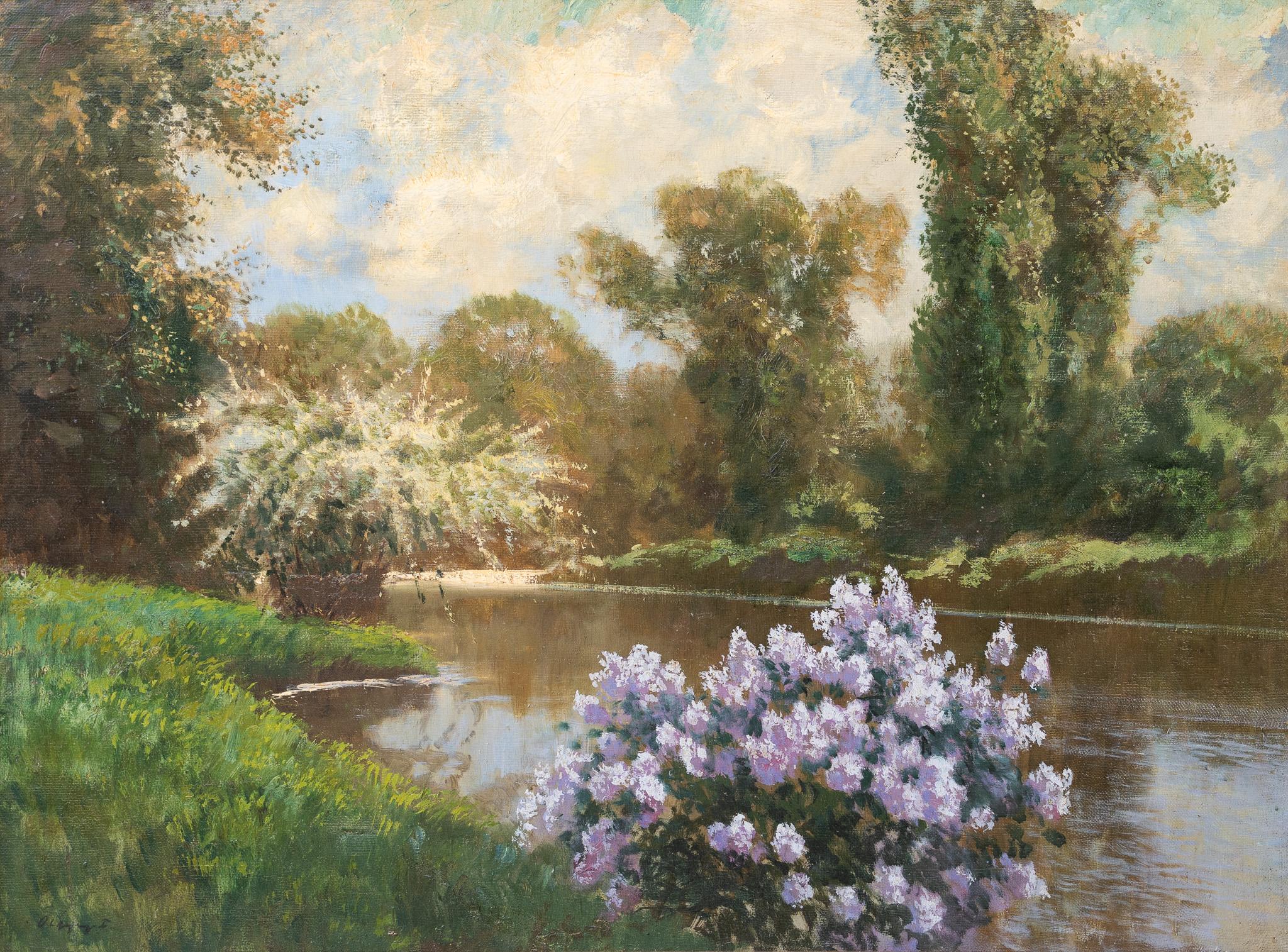 Ferenc Olgyay Landscape Painting - "Landscape with Purple Flowers" 