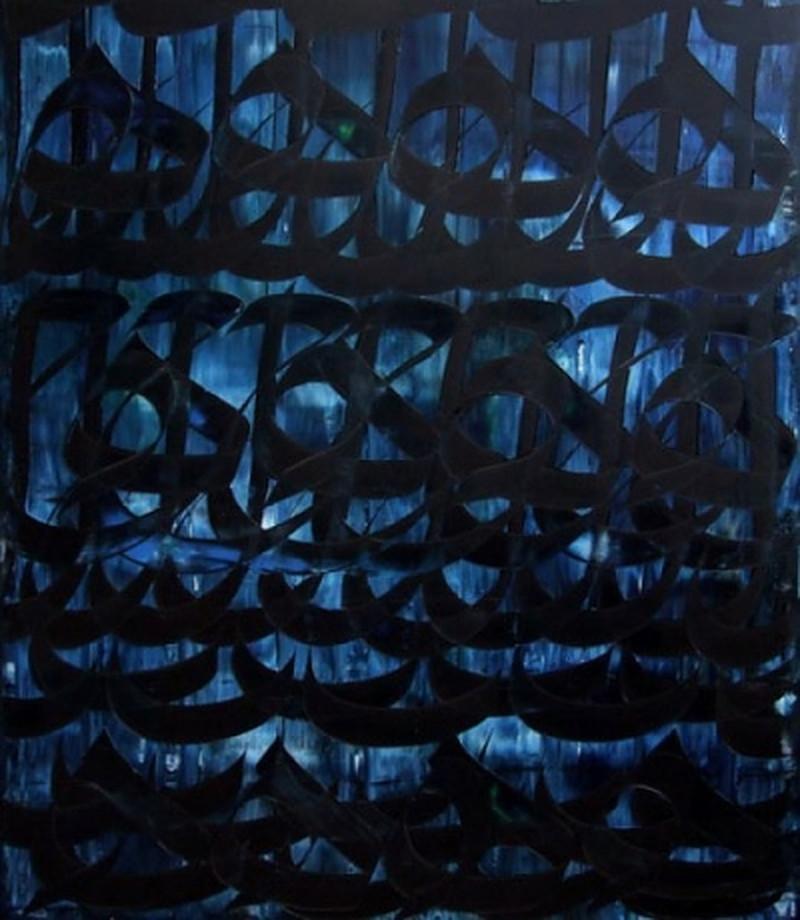Fereydoon OMIDI Figurative Painting -  Calligraphy Blue 