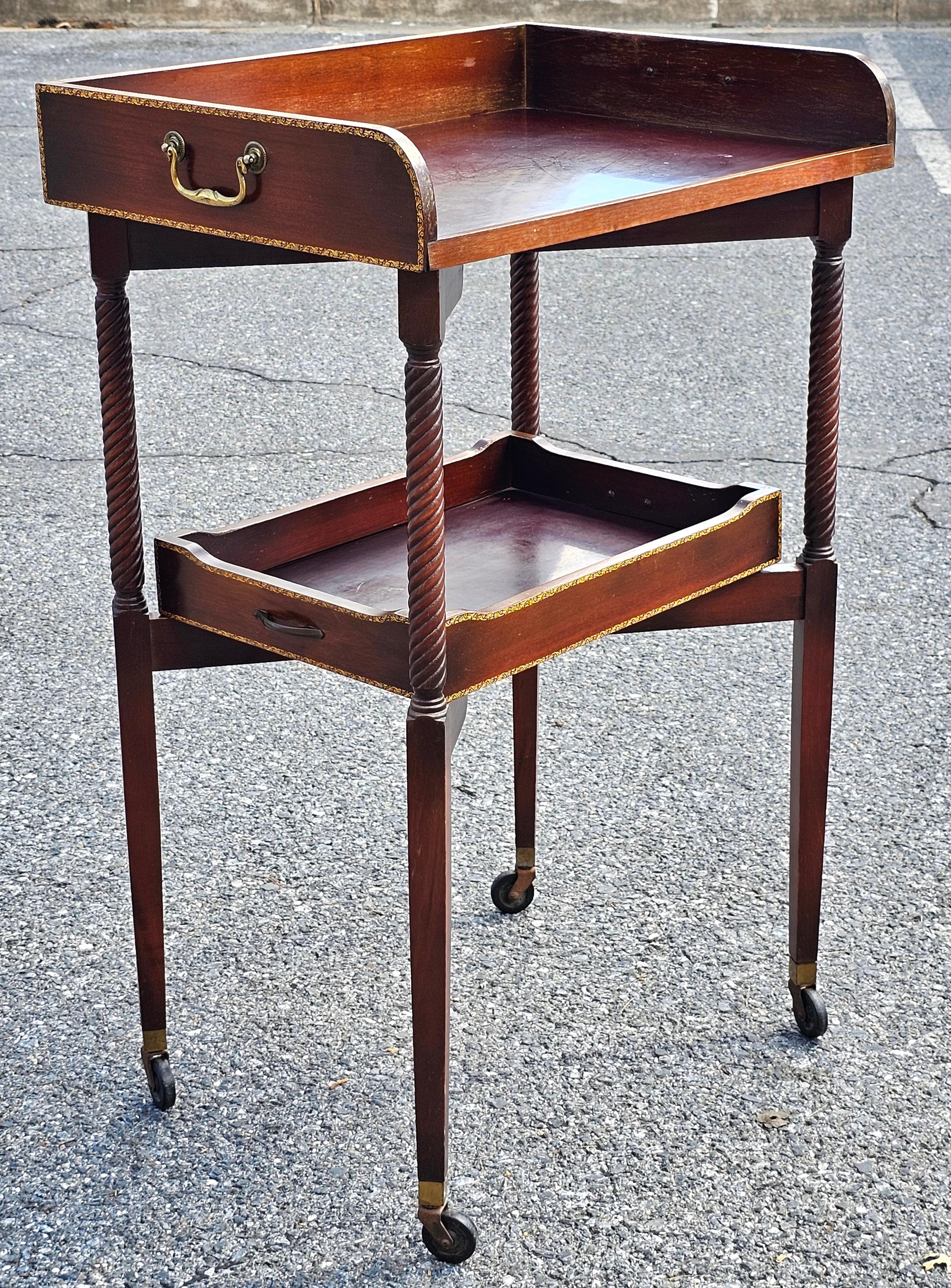 A rare Ferguson Brothers Furniture English Regency Tiered Patial Gilt Stenciled Mahogany Folding Rafraichissoir Drybar Trolley butler's serving cart.
 Very sturdy. Removable deep Stenciled Trays. Rolling folding base. Measures 26