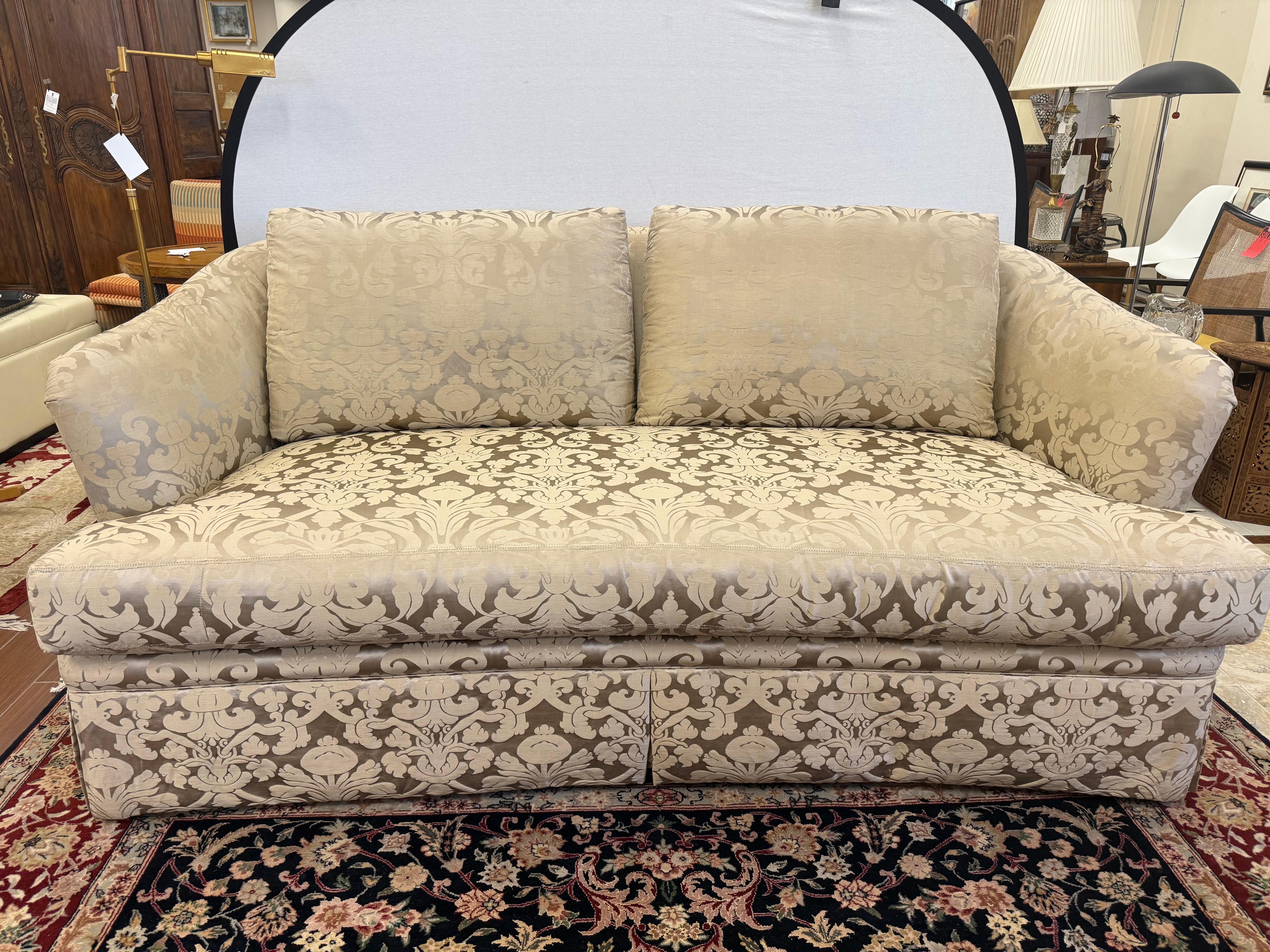 Elegant, mint condition Ferguson Copeland silk damask three-seat sofa. The colors are stunning, taupe and a metallic, subtle gold.
Outstanding craftsmanship including eight-way hand tied construction.
The fabric makes this custom sofa special as it