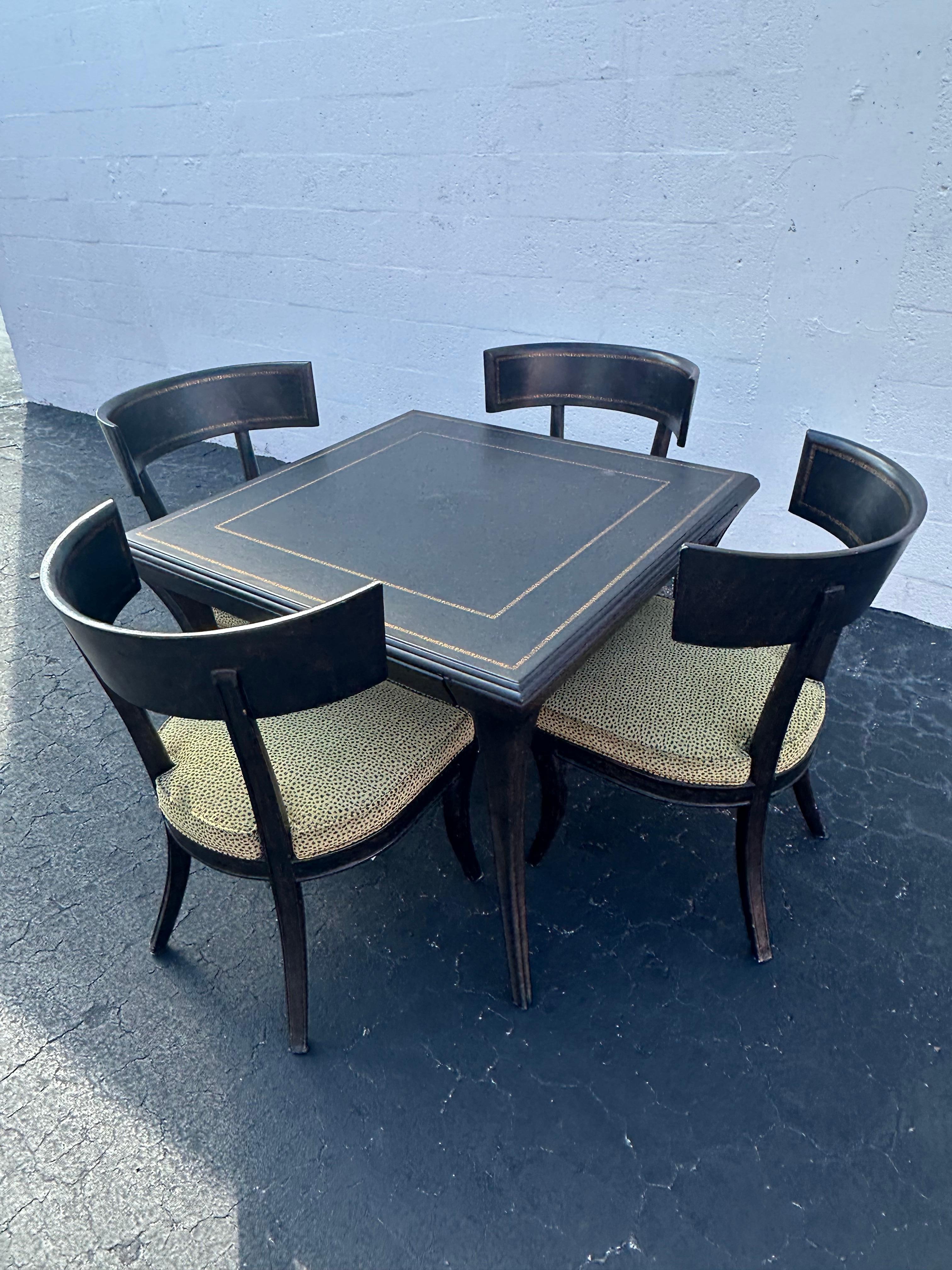 Neoclassical Ferguson Copeland Leather Wrapped Gaming Table Barrel Chairs, Set of 5 For Sale
