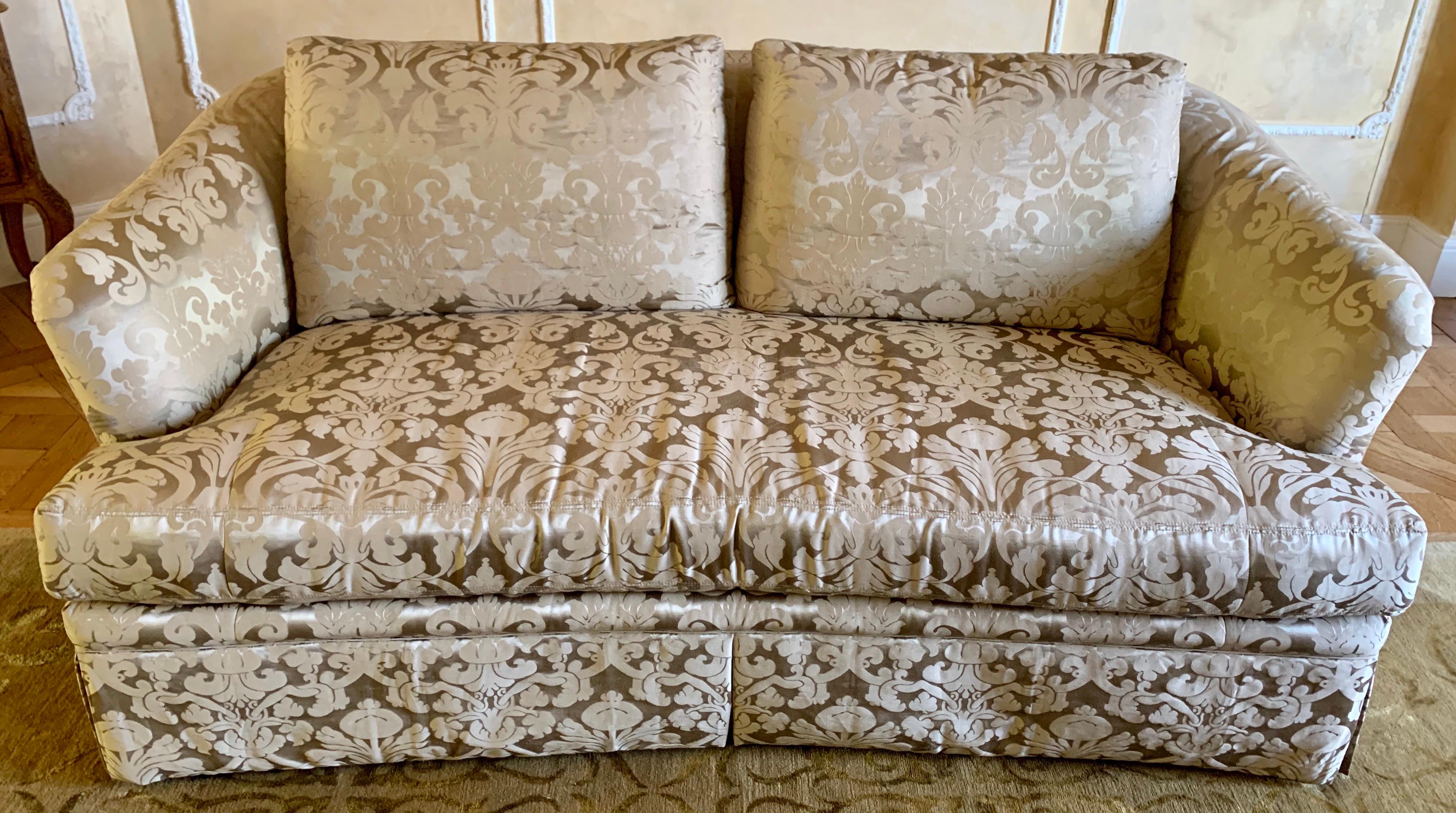 Elegant, mint condition Ferguson Copeland silk damask three-seat sofa. The colors are stunning, taupe and a metallic, subtle gold.
Outstanding craftsmanship including eight-way hand tied construction.