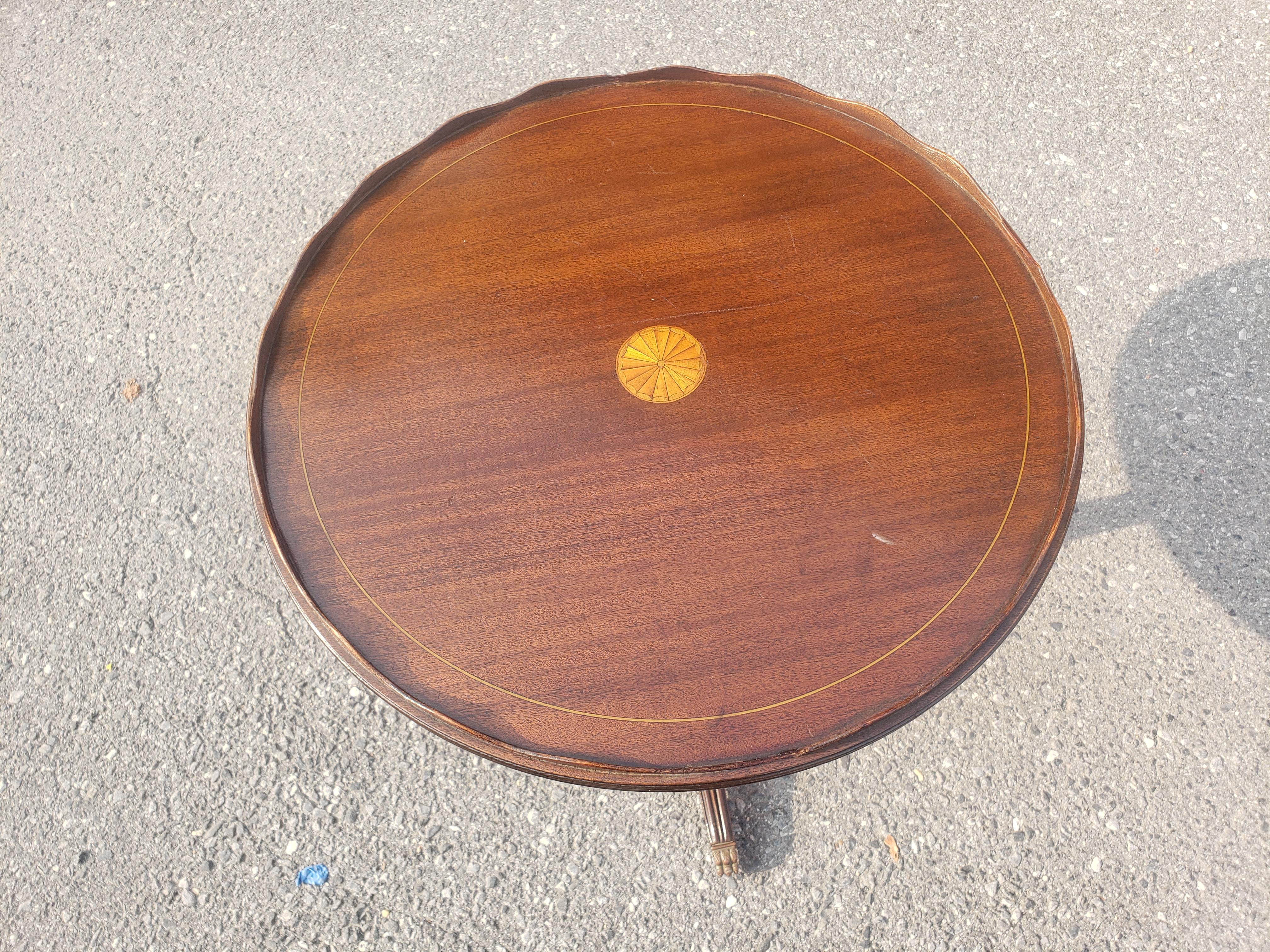 Ferguson Mahogany Inlaid Pedestal Galleried Side Table w Brass feet, Circa 1910s In Good Condition For Sale In Germantown, MD