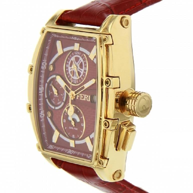 - Red rectangular design dial
- Swiss made movement
- Gold toned metal rectangular case
- Solid Stainless Steel Case 
- 10 ATM of water resistance
- Date Function and 3 movements
- Genuine leather band with metal clasp
- Sapphire crystal glass face