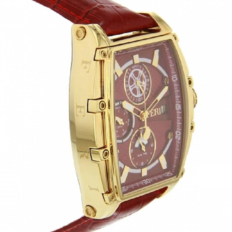 Contemporary Feri Stainless Steel Gold Tone Metal Red Dial Wristwatch  For Sale