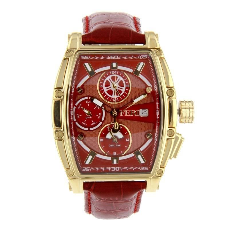Feri Stainless Steel Gold Tone Metal Red Dial Wristwatch For Sale