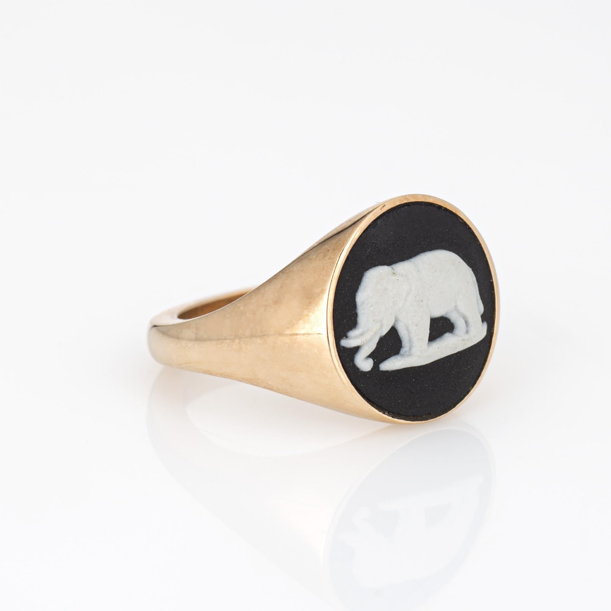 Contemporary Ferian Elephant Ring Cameo Estate 9k Yellow Gold Sz 5.75 Signet Wedgewood  For Sale