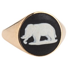 Ferian Elephant Ring Cameo Estate 9k Yellow Gold Sz 5.75 Signet Wedgewood 