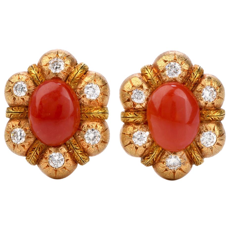 Feriozzi Vintage Red Coral 18 Karat Textured Gold Clip-On Earrings