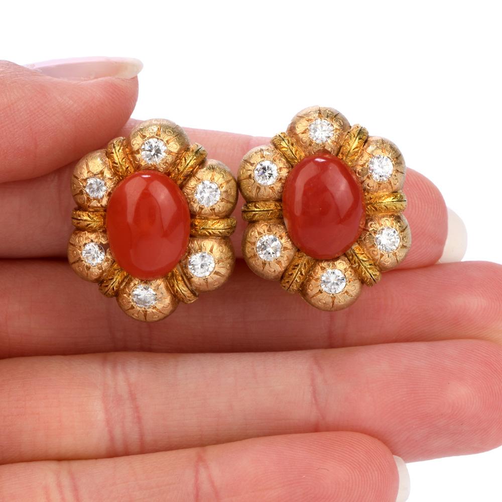 Women's Feriozzi Vintage Red Coral 18 Karat Textured Gold Clip-On Earrings