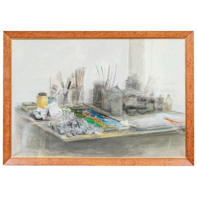 Ferit Iscan Oil on Canvas, Still Life with Painting Supplies For Sale