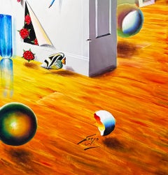 « Grand Window », immense peinture originale sur toile, signée, surréalisme, 70 x 50 pouces.