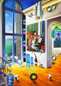 « Grand Window », immense peinture originale sur toile, signée, surréalisme, 70 x 50 pouces.