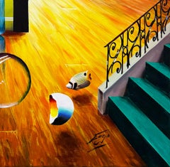 Homenaje a Chagall, Enorme Cuadro Original sobre Lienzo, Firmado a Mano, Surrealismo