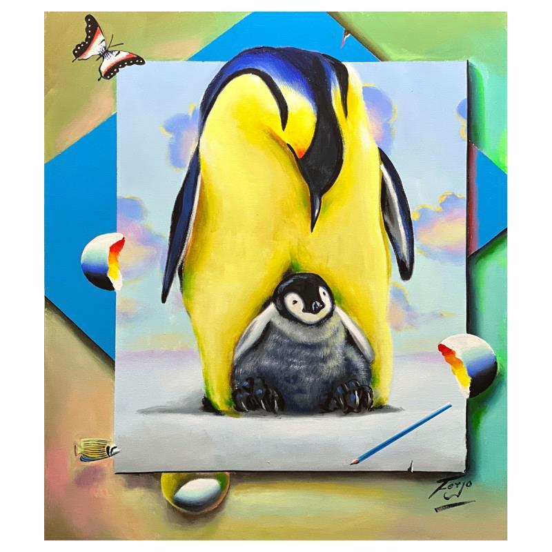 Ferjo, Fernando de Jesus Oliveira Animal Painting - "Penguin Love" Hand Signed Original Painting on Canvas